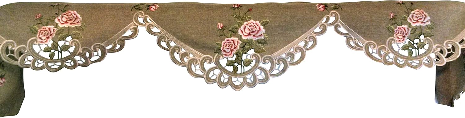 Fireplace Mantel Runner with a Pink Rose on Sage Green Burlap Linen Material, Size 88 x 19 inches
