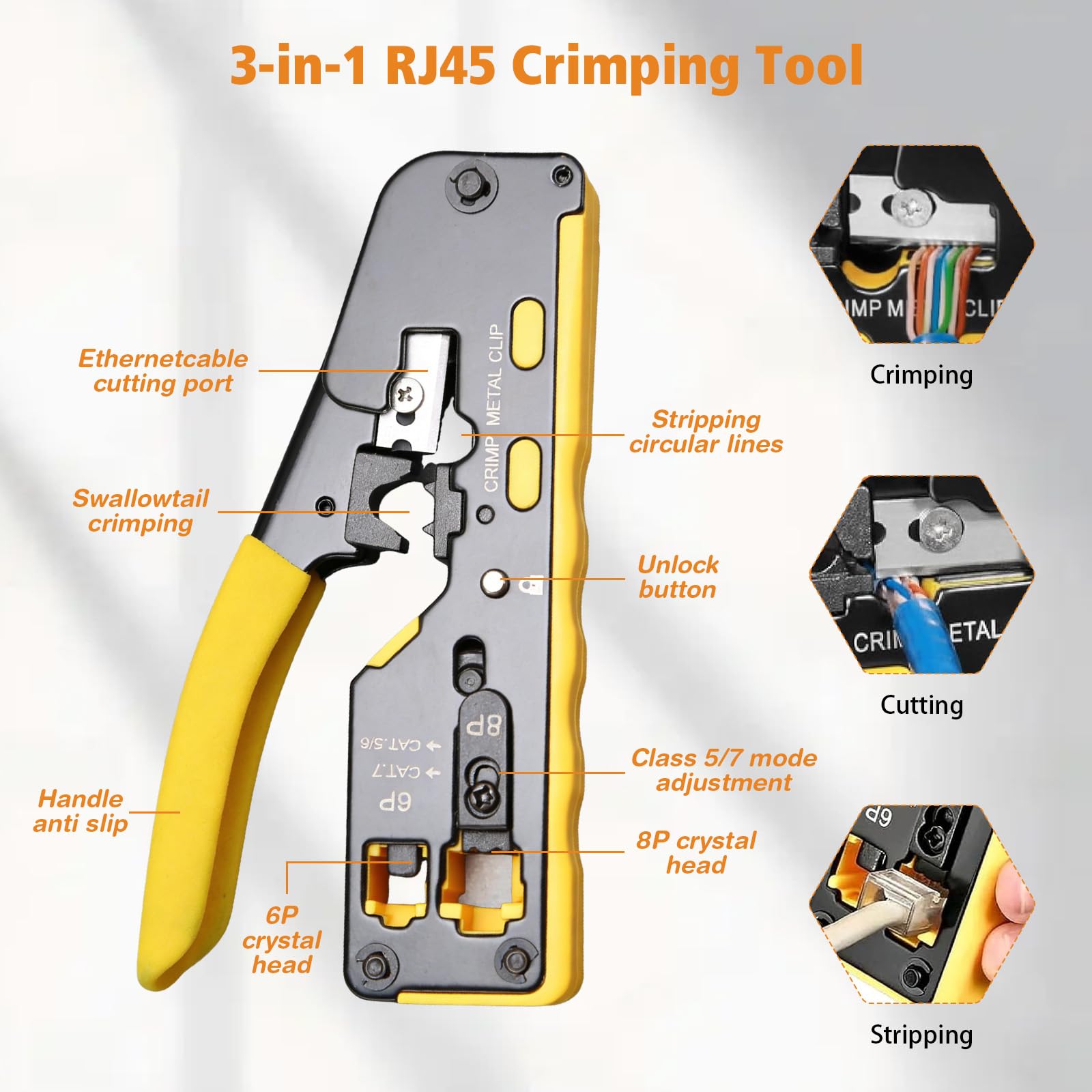 Set di attrezzi di rete, pinza crimpatrice RJ45 con tester di rete, stripper, strumento punch down, cacciavite e tasca con cerniera per cavi CAT5, CAT5e, CAT6, CAT6A e CAT7