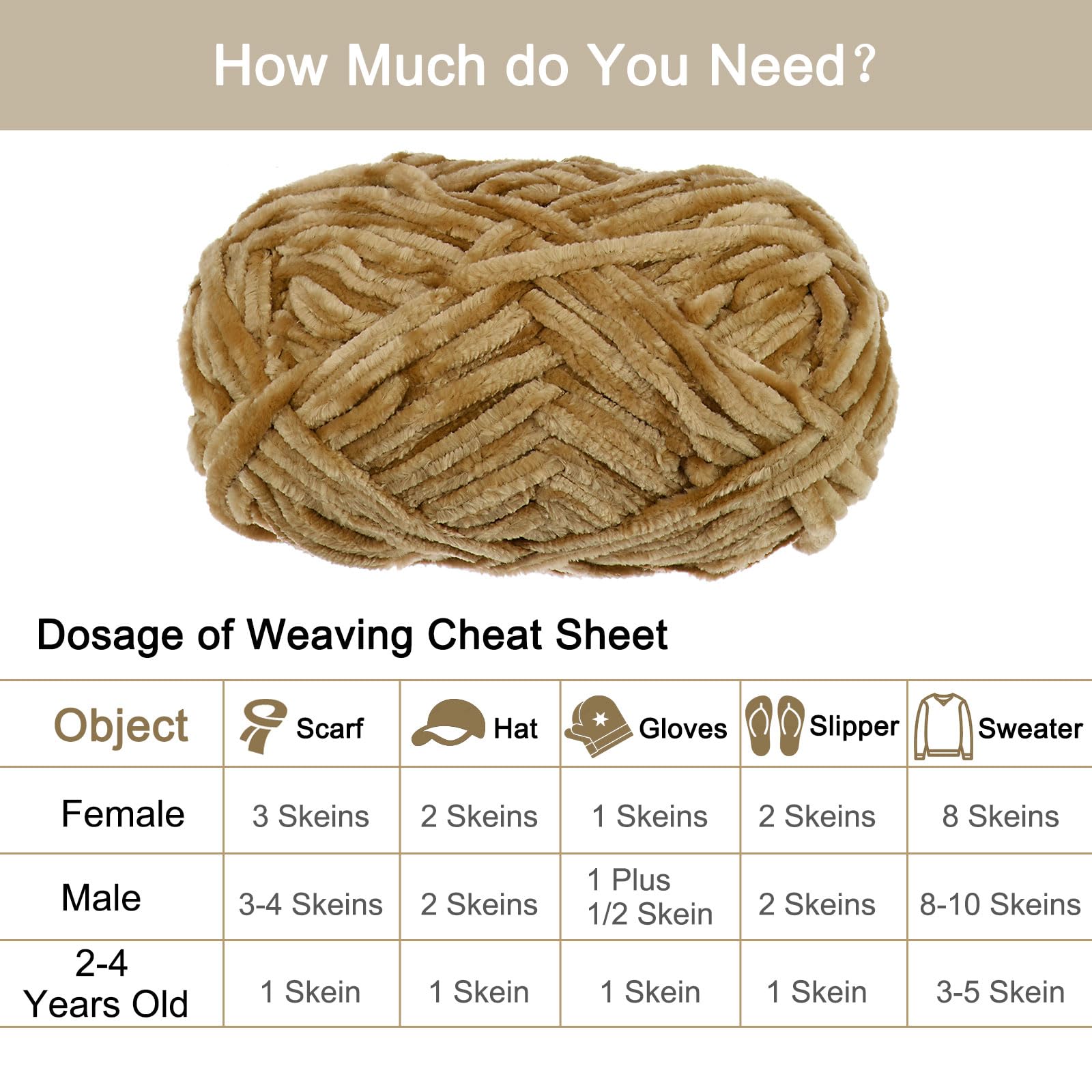 uxcell 2Skeins Velvet Chenille Yarn 2x100g/7.1oz 174 Yards Total Length #6 Super Bulky Polyester Soft Blanket for Knitting Weaving Bag Scarf Khaki - Image 4