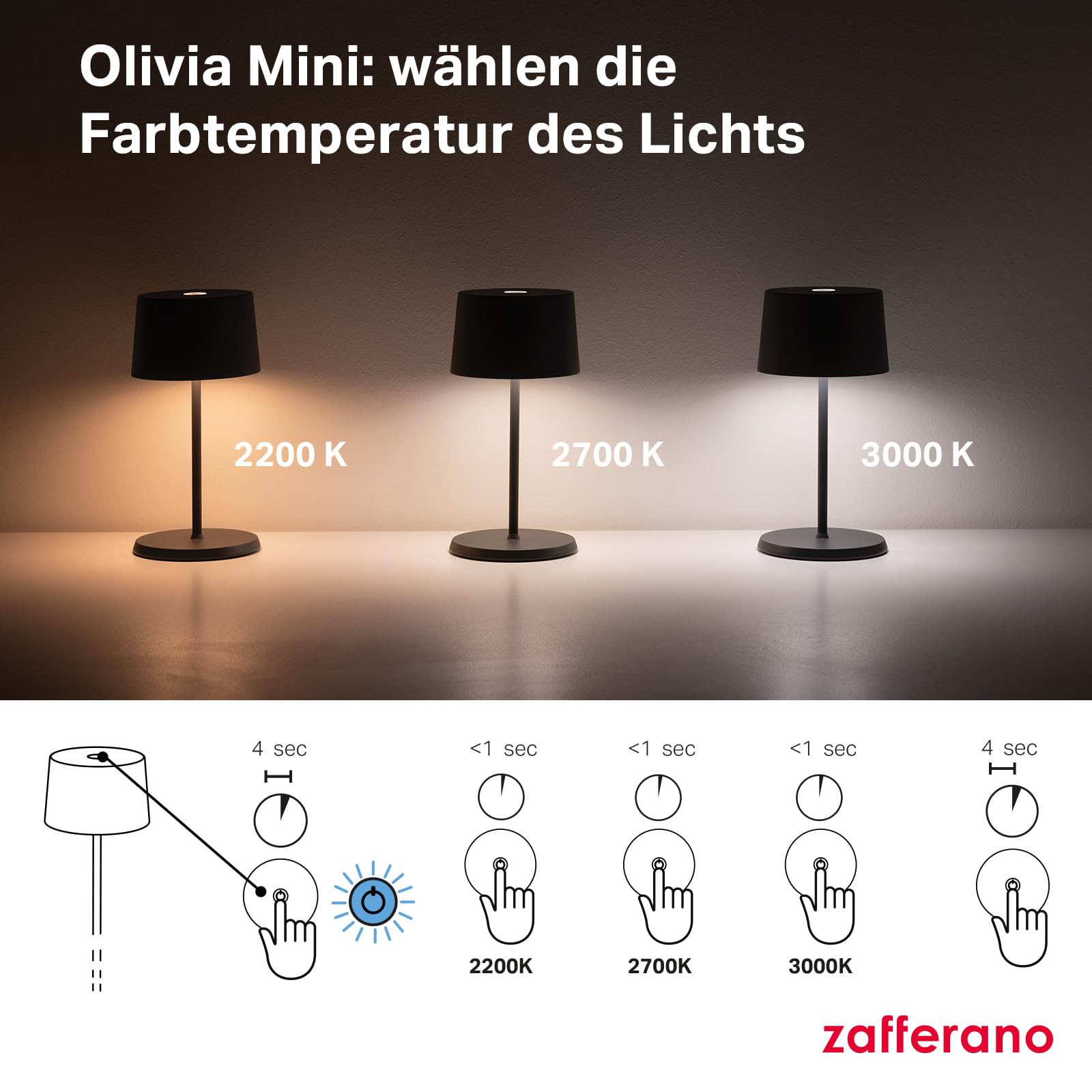Zafferano, Olivia Mini Lampe, Tragbare und Wiederaufladbare Tischlampe mit Touch Control, Geeignet für Wohnzimmer und Außenbereich, Dimmer, 2200-3000 K, Höhe 22 cm, Farbe Corten