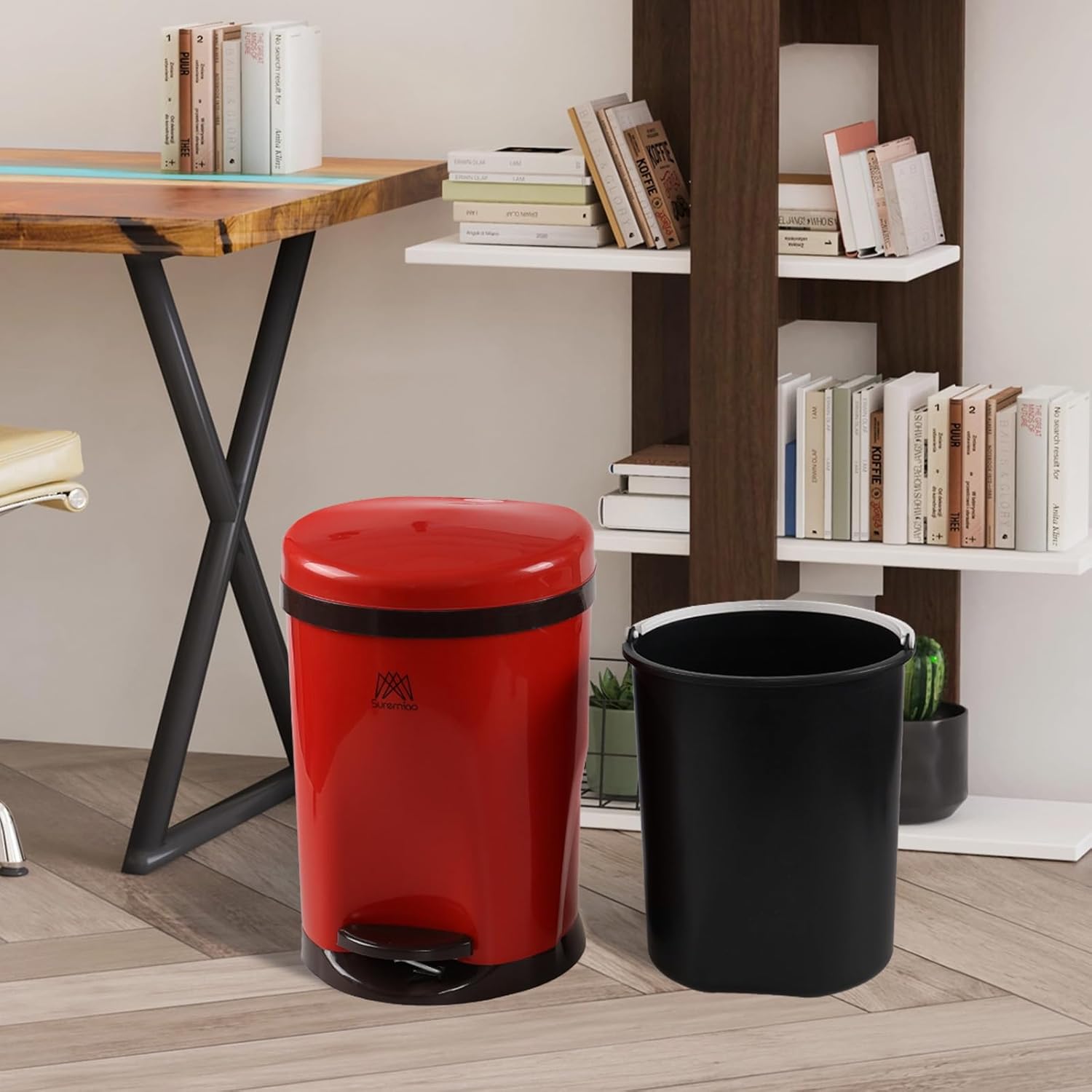 1.8 Gallon Small Round Step Trash Can for Bathroom, Plastic Bathroom Trash Can with Lid, Red