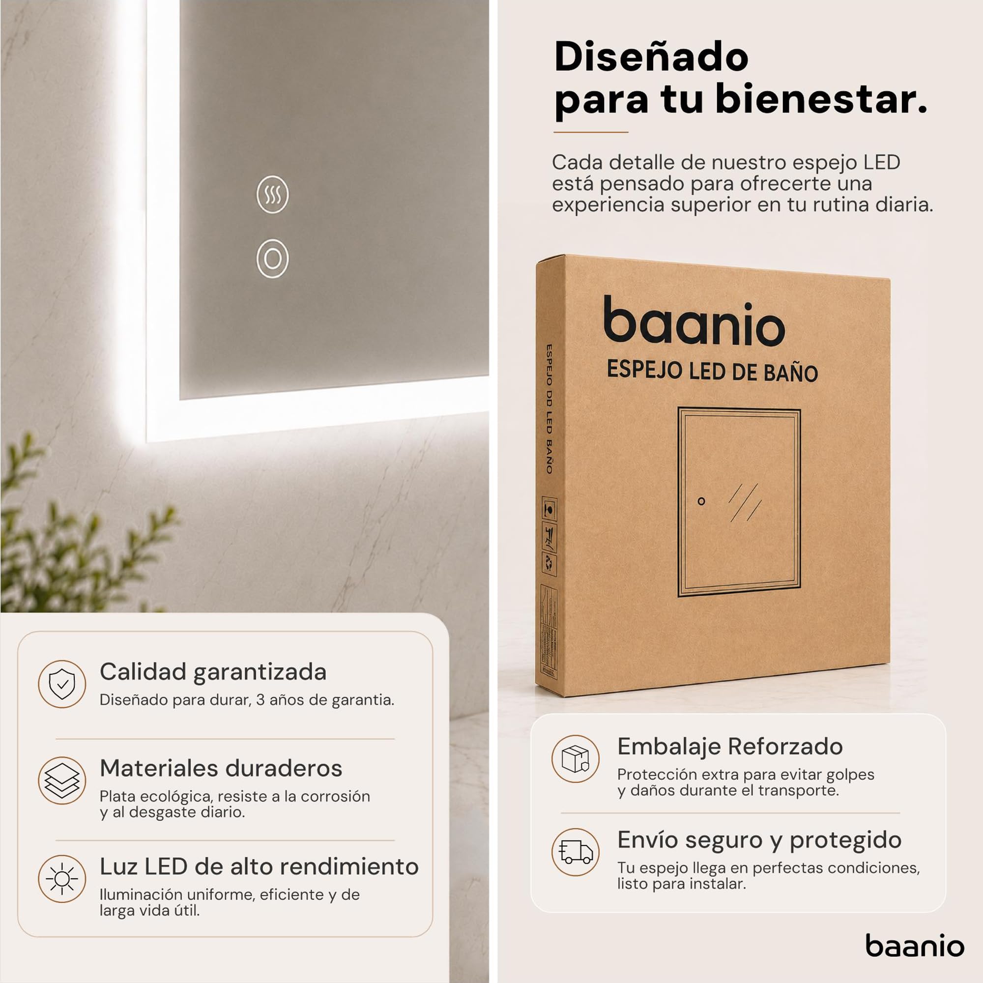 Rondo – Espejo Baño LED Ovalado 60x90 cm con Antivaho – Retroiluminado, Luz Regulable 3 Tonos, Interruptor Táctil, Montaje Vertical