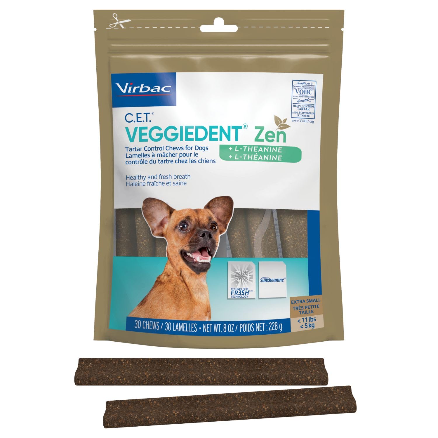 Virbac C.E.T.® VEGGIEDENT® Zen Tartar Control Chews for Dogs - Multifunctional to Support Mental Well-Being, VOHC Approved - Extra Small Under 11lbs
