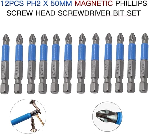Miniatura 2 de Juego de 12 puntas de destornillador Phillips magnéticas PH2 de acero aleado PH2 x 1.969 in de largo, vástago hexagonal de 14, puntas de taladro