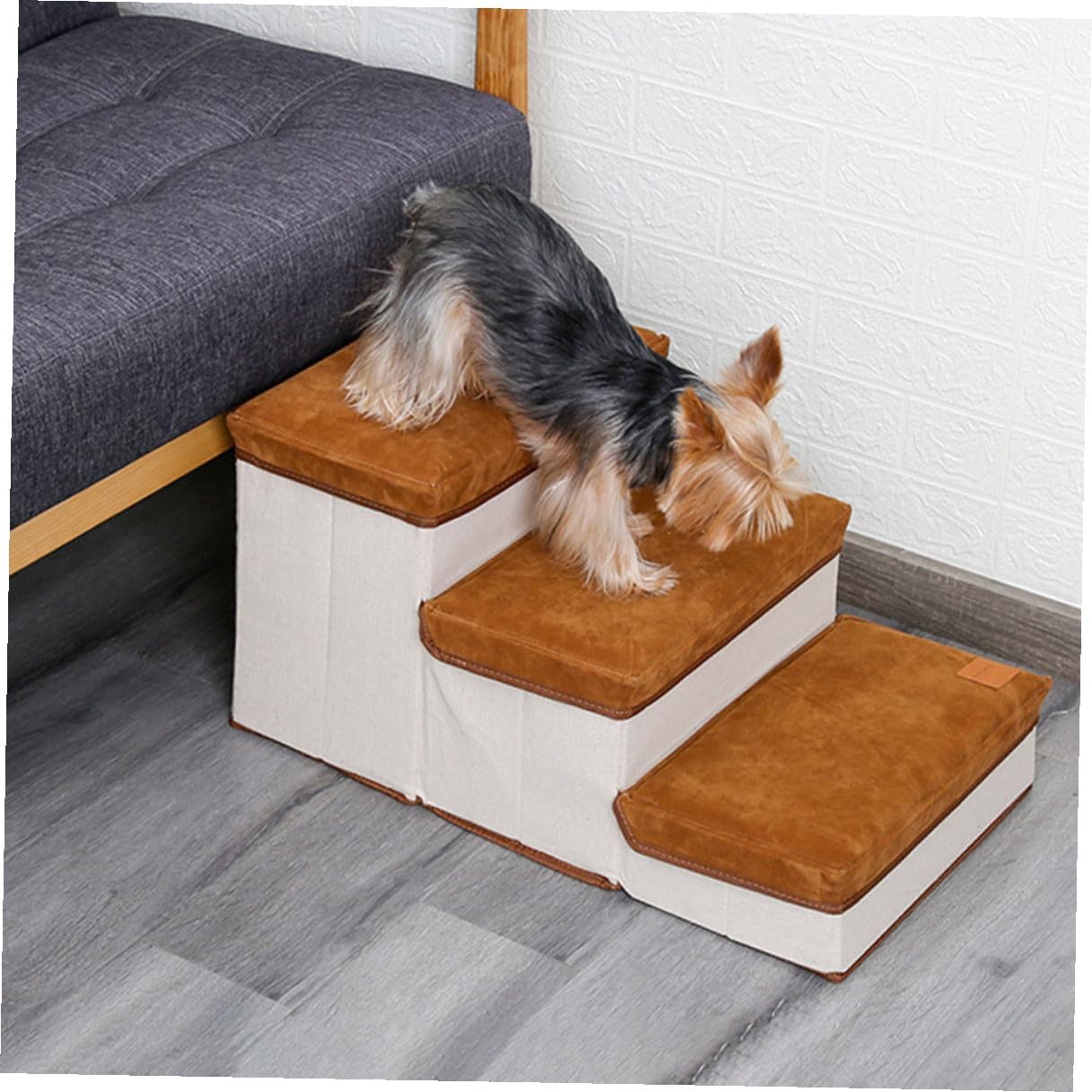 Foldable Three-Step Dog Stair Ladder with Storage Lightweight Pet Stair for Puppies and Small Dogs Brown Non-Slip Puppy for Couch and Bed Access