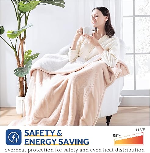 Miniatura 4 de Sealy Manta eléctrica con bolsillo para el pie para adultos, manta térmica de franela y sherpa con 6 niveles de calefacción y apagado automático de