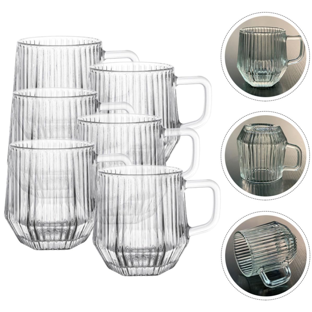 POPETPOP Set da 6 Tazze da Caffè in Vetro con Manico, Design Classico a Strisce Verticali, Facili da Pulire, per Bevande Calde in Casa