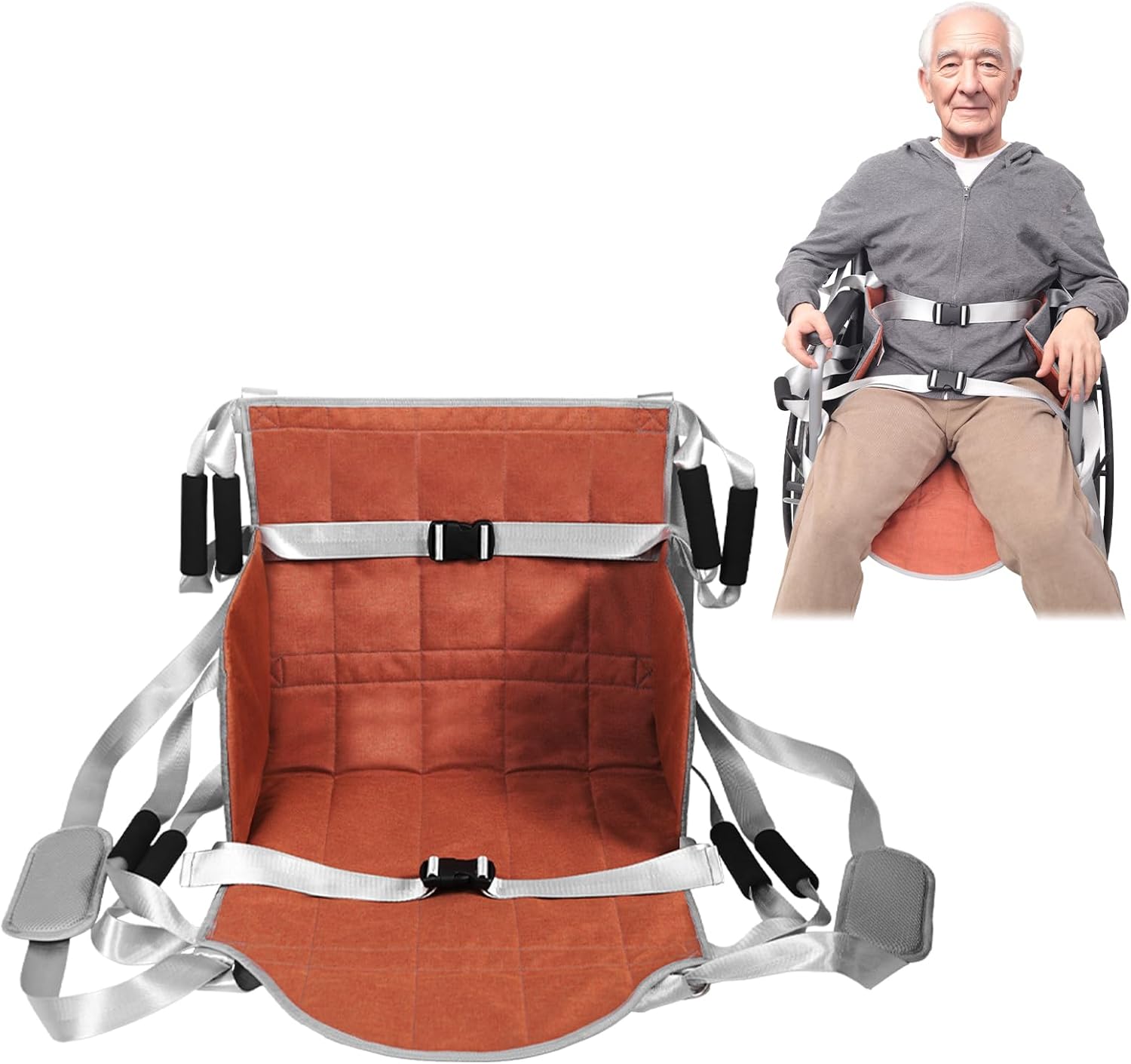 Wheelchair Transfer pad for Body Lift,Upgrade Wheelchair Transfer Sling Seat Cushion, Stair Lifts for Seniors, 8 Handles 2 Shoulder Straps, Orange Grey