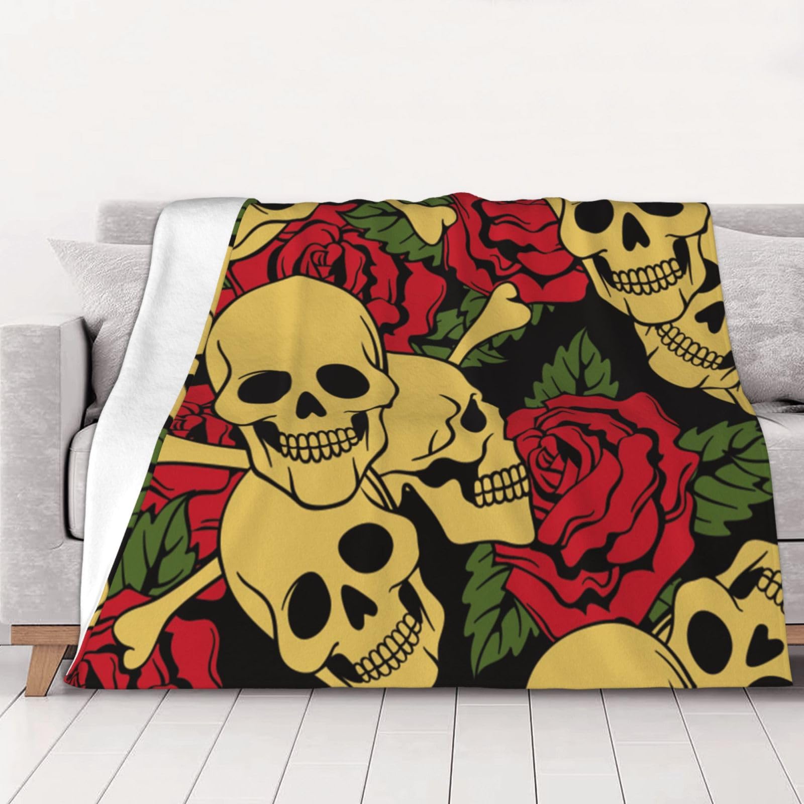 AUBKFELD Rose and skull Printed Flannel Blanket 102x76 CM, Soft & Warm Throw Blanket for Sofa/Couch/Bed/Car, Gifts for Audlts Women Men