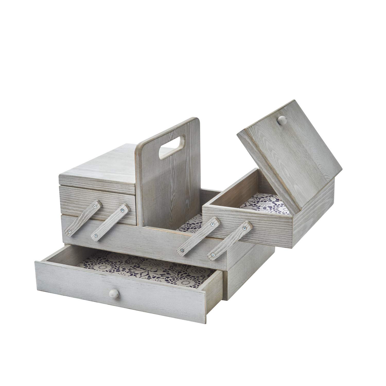Sewing Online Grey Wooden Cantilever Sewing Storage Box 31 X 23 X 24Cm Washed With Lace Inspired Design Interior By