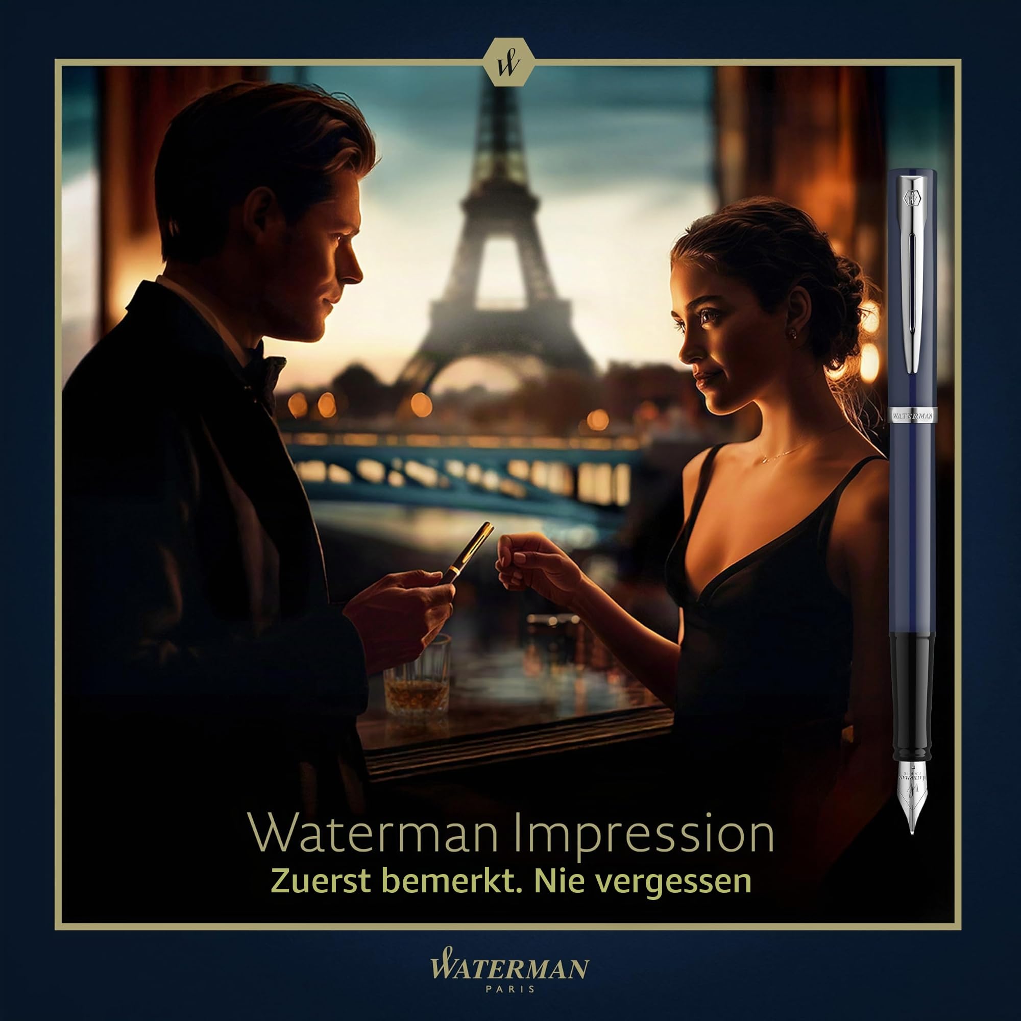 Waterman Impression Füller | Mittlere Feder mit blauer Tintenpatrone | Blauer Lack mit palladiumbeschichtetem Zierrat | Geschenkbox