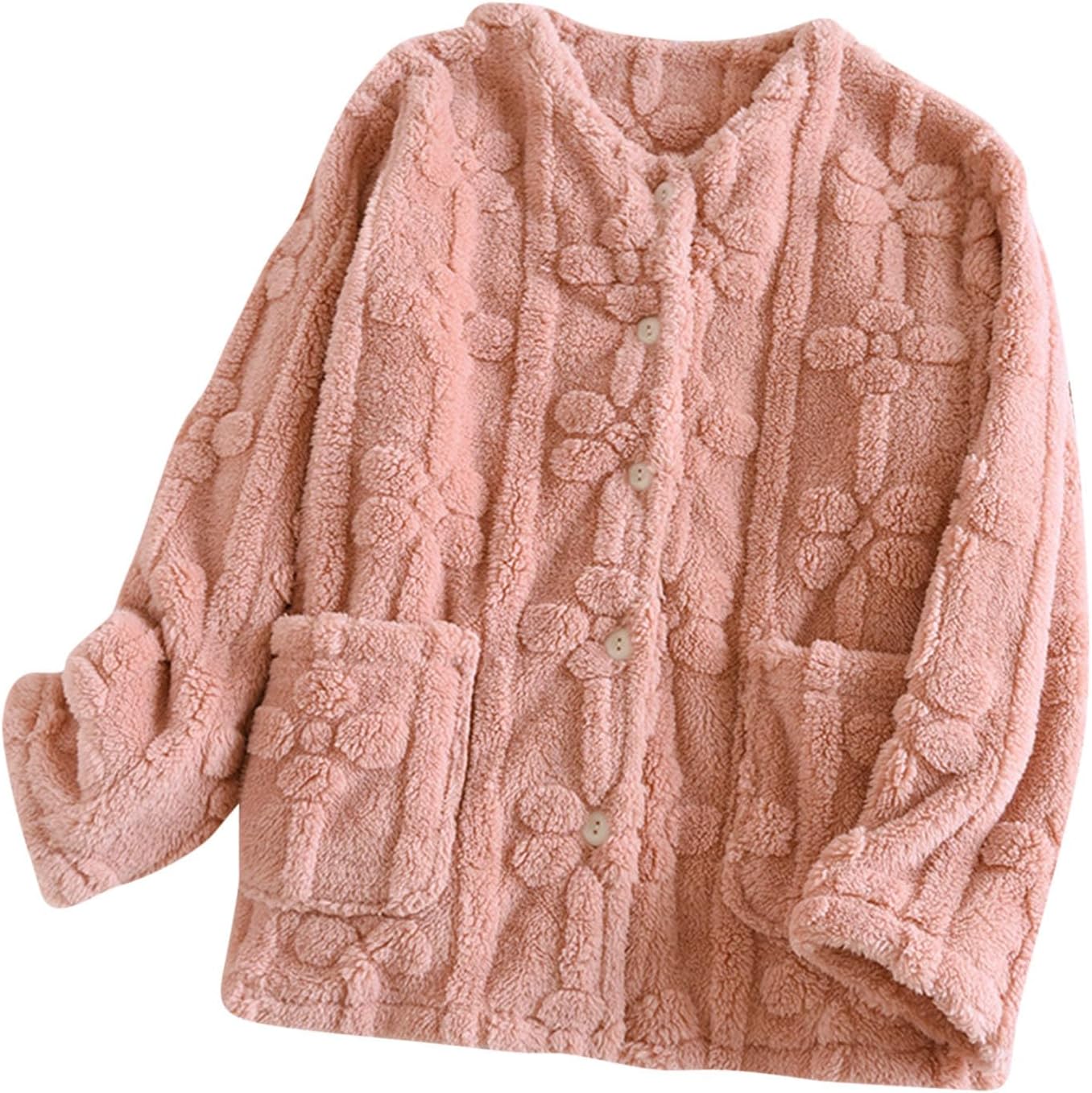 Oplxuo Fuzzy Pajamas Tops Women Cute Flower Warm Fleece Long Sleeve Jackets Button Down Sleepwear Winter Coats with Pockets