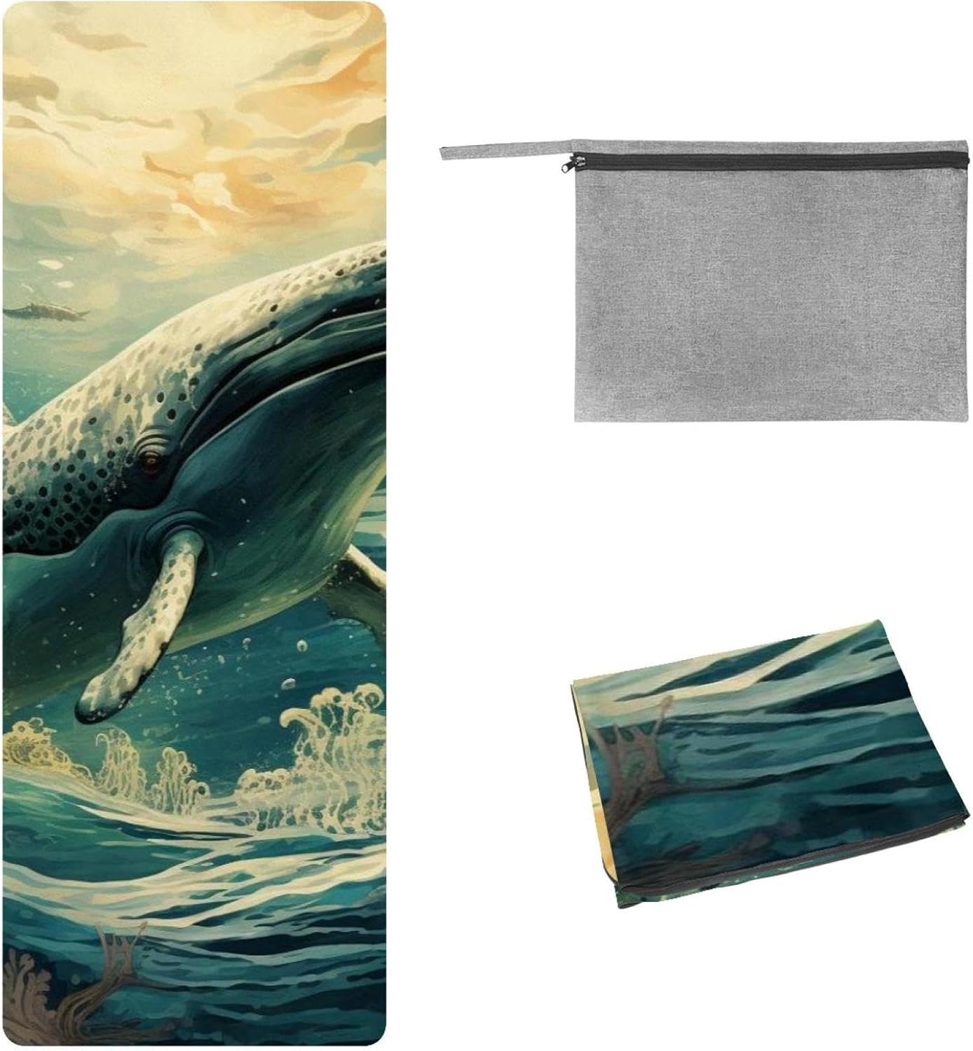 Yoga Towel, Whale Sea Pattern Non Slip Sweat Absorbent Hot Yoga Mat Towel for Hot Yoga, Pilates and Fitness - 72.8" x 26.8"