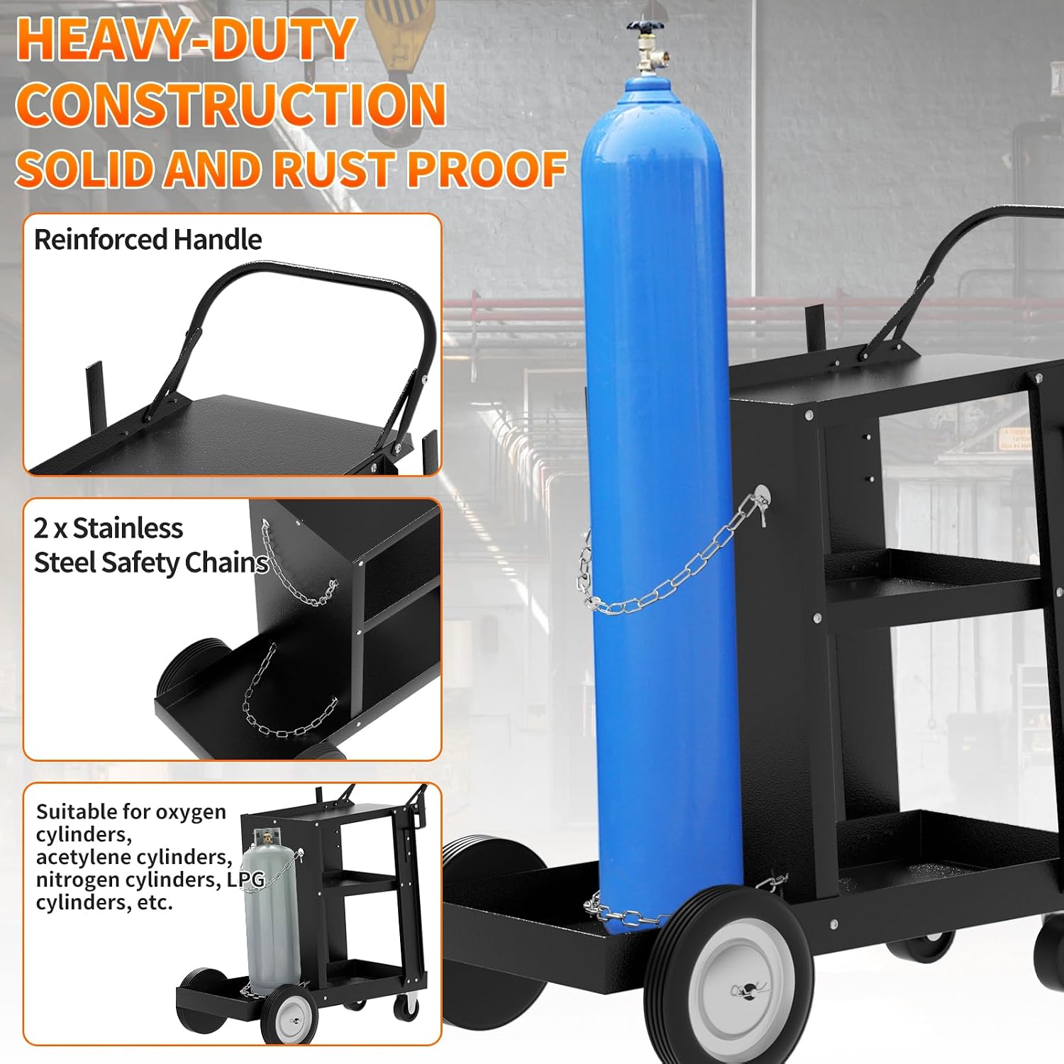 Welding Cart, Welding Carts with Tank Storage and Wheel, 200lbs Capacity Heavy Duty Welder Cart for TIG MIG Welder and Plasma Cutter, Black (Without Drawer)