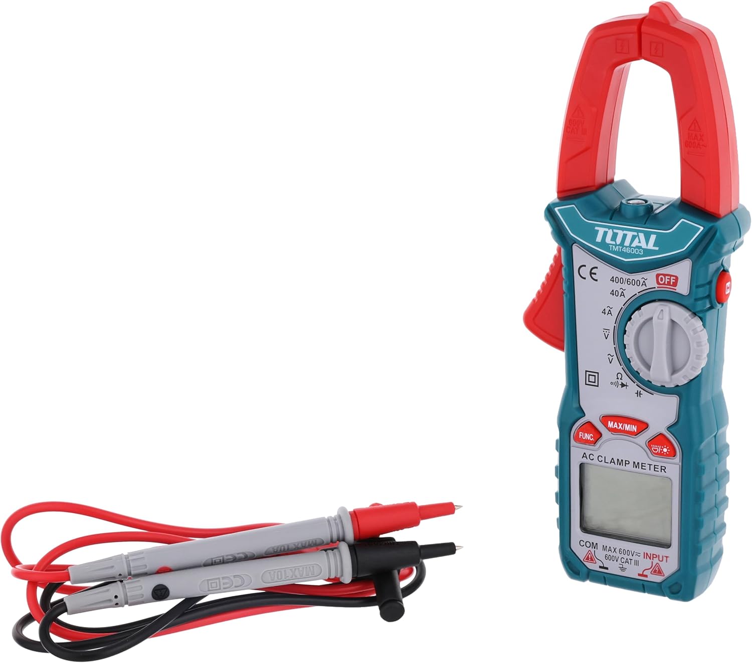 TOTAL TMT46003 Clamp Ammeter with red and black test leads connected.