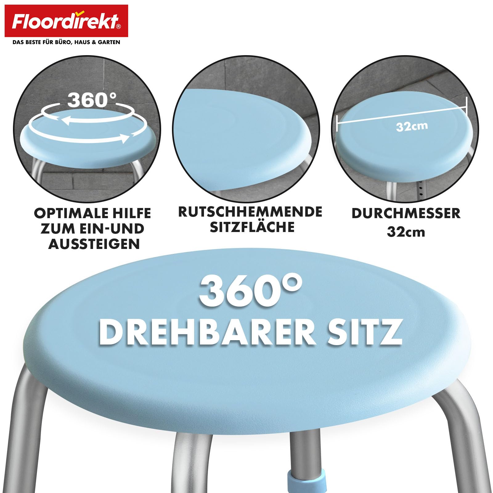 Floordirekt Pedro taboret prysznicowy – krzesło prysznicowe obracane o 360°, obciążenie do 150 kg, regulacja wysokości, z antypoślizgowymi gumowymi nóżkami dla bezpiecznego trzymania – taboret