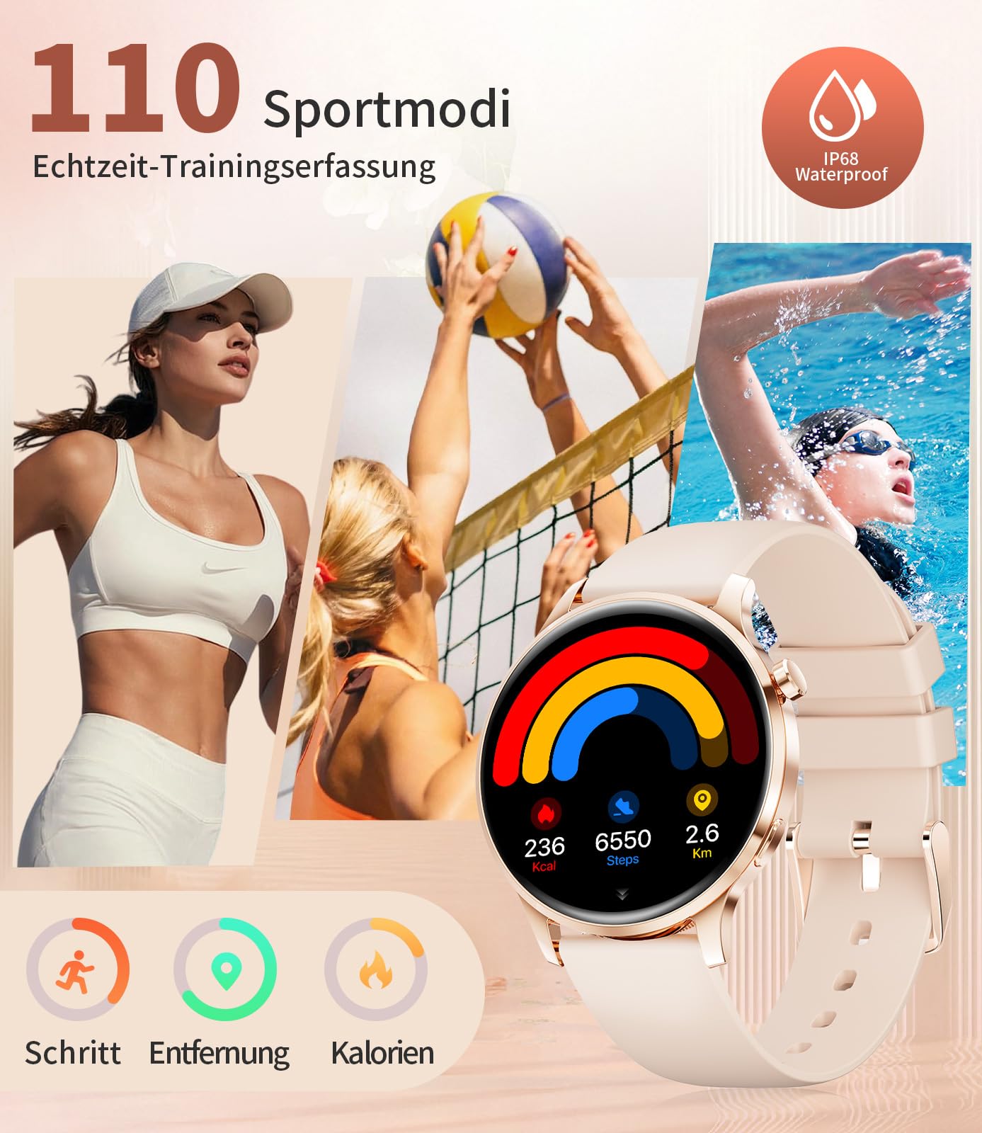 LIGE Smartwatch Damen Rund mit Telefonfunktion 7,9mm Dünn 1.32" AMOLED Elegant Fitnessuhr Frauen für Android iOS,Sportuhr mit Herzfrequenz Schlafmonitor,Menstruationszyklus,100+ Sportmodi,Roségold