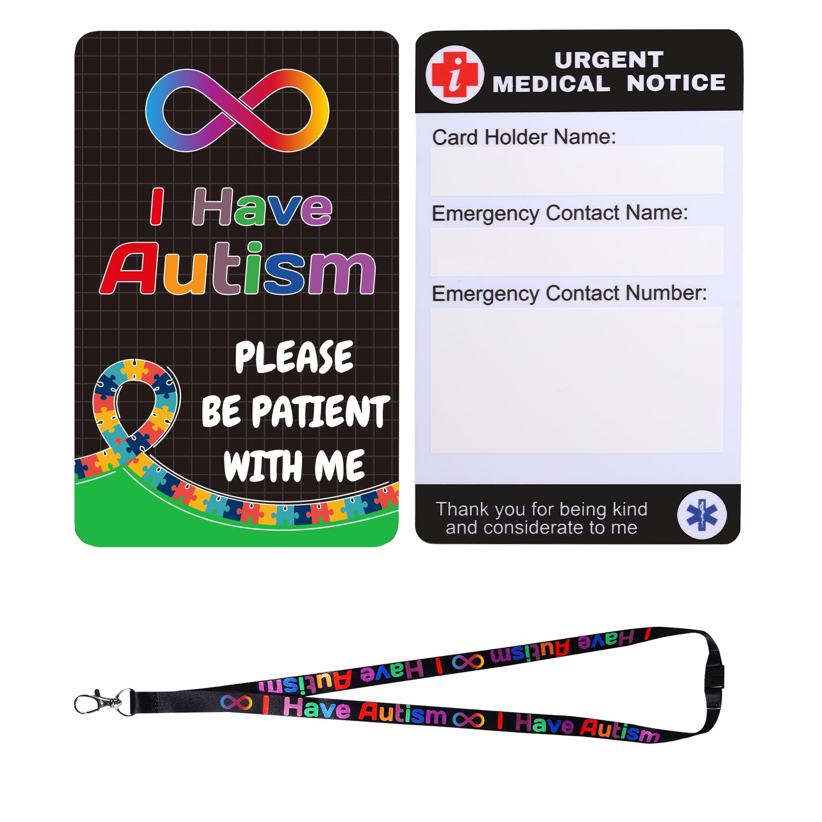 2 Pack Autism Alert Card, ADHD Awareness Autistic Emergency Contact Card with Autism Lanyards Waterproof Card Holder Pocket Insert PVC