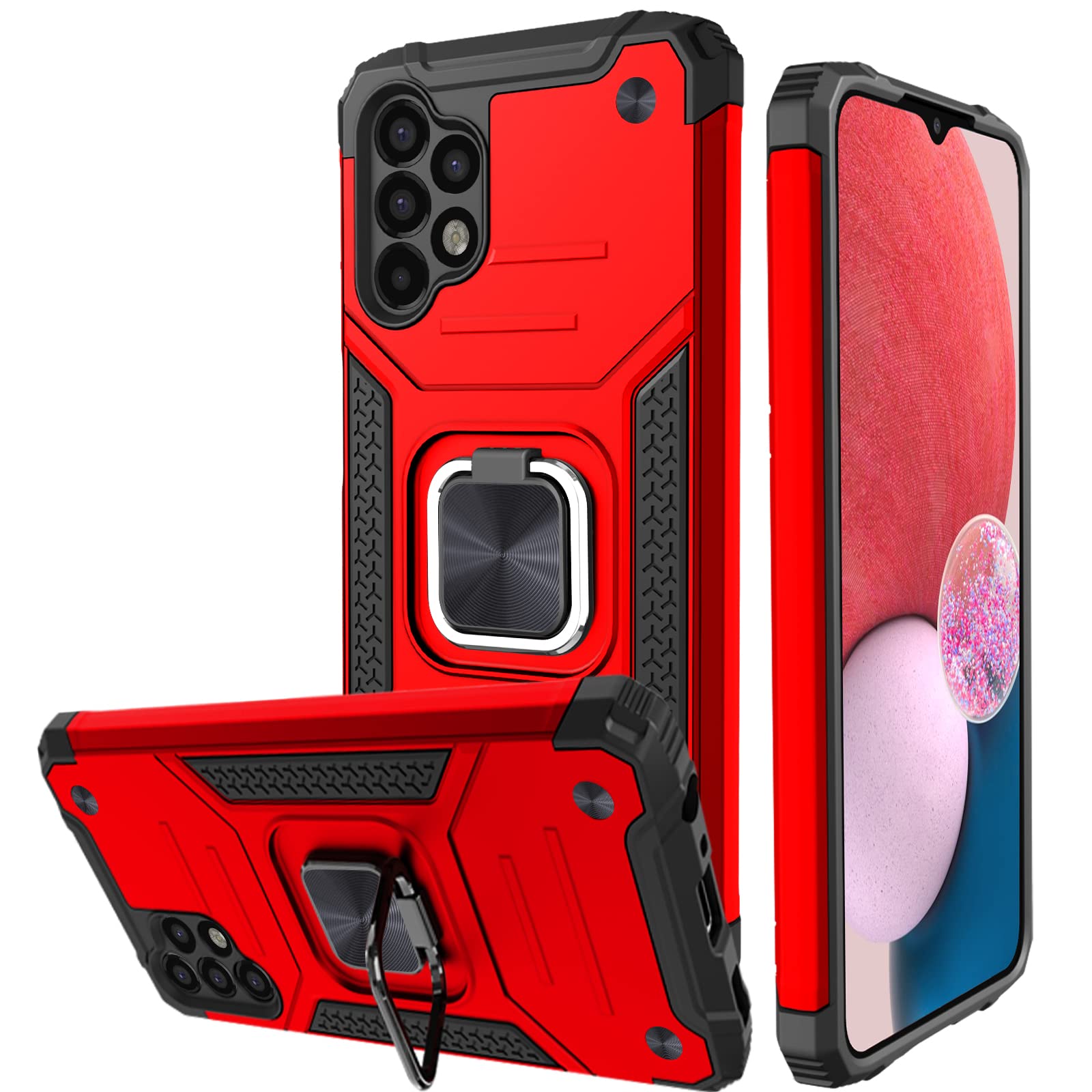 Honeyview ShockProof Case for Samsung Galaxy A13 4G with Screen Protector and Ring Kickstand, Compatible with Magnetic Car Mount Holder, Bumper Armour Phone Cover for Samsung Galaxy A13 4G - Red