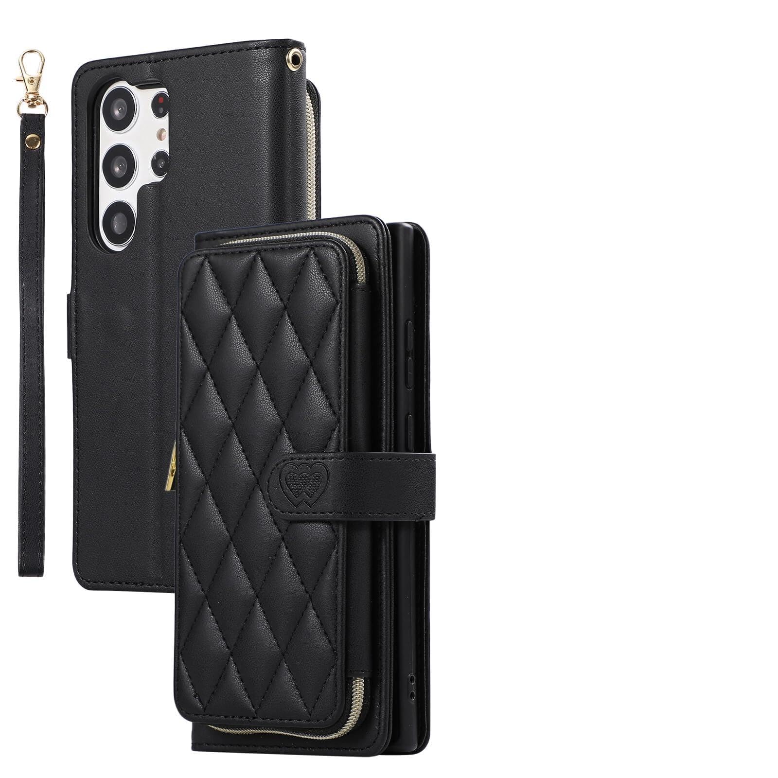 Generic Compatible con Samsung Galaxy S24 Ultra (color negro) Funda tipo cartera de piel con cremallera con múltiples ranuras traseras y correa para el hombro