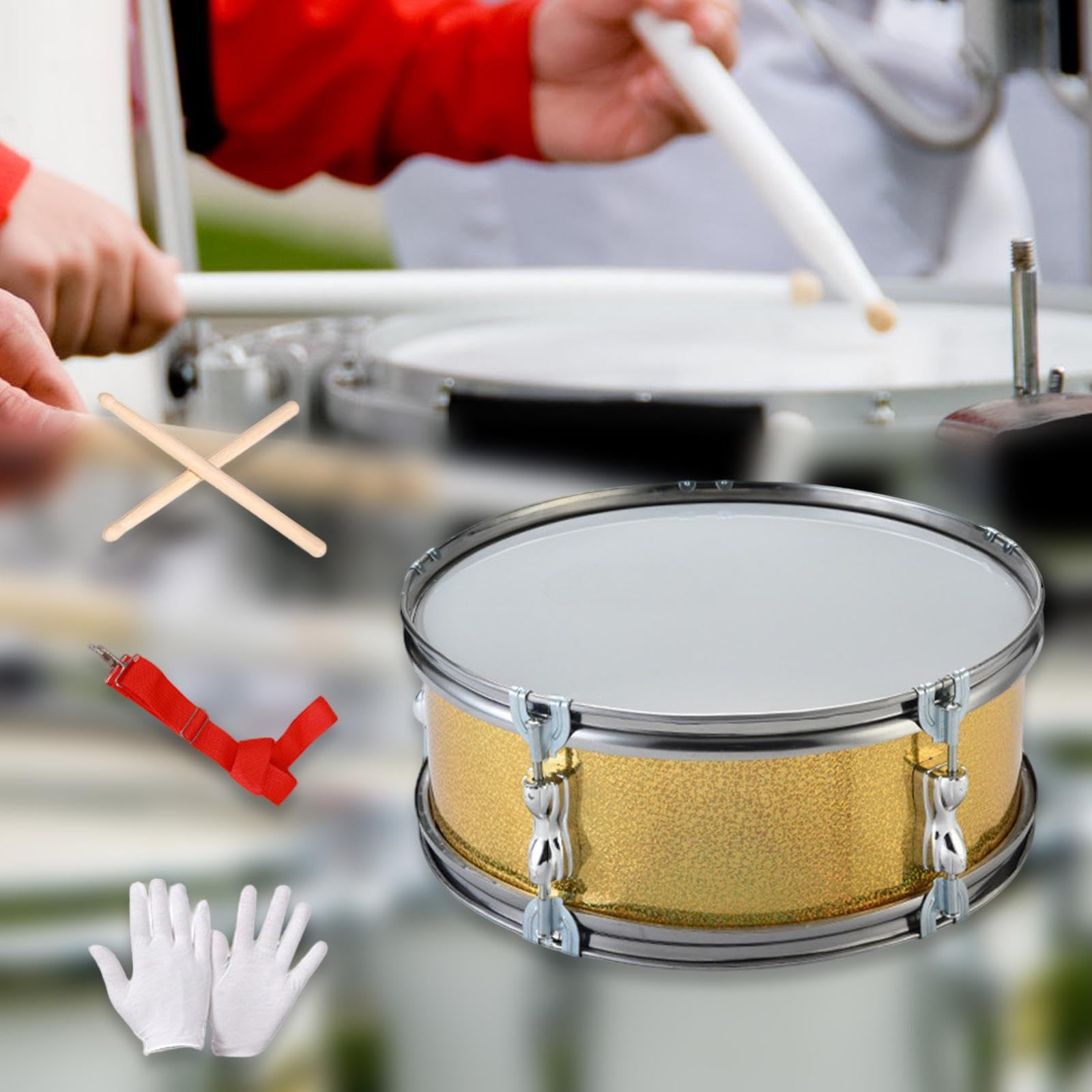 Rullante Monotono Pollici con Tracolla, Bacchette, Guanti E Tamburo - Tamburo a Cornice per Musica Tradizionale- D'oro