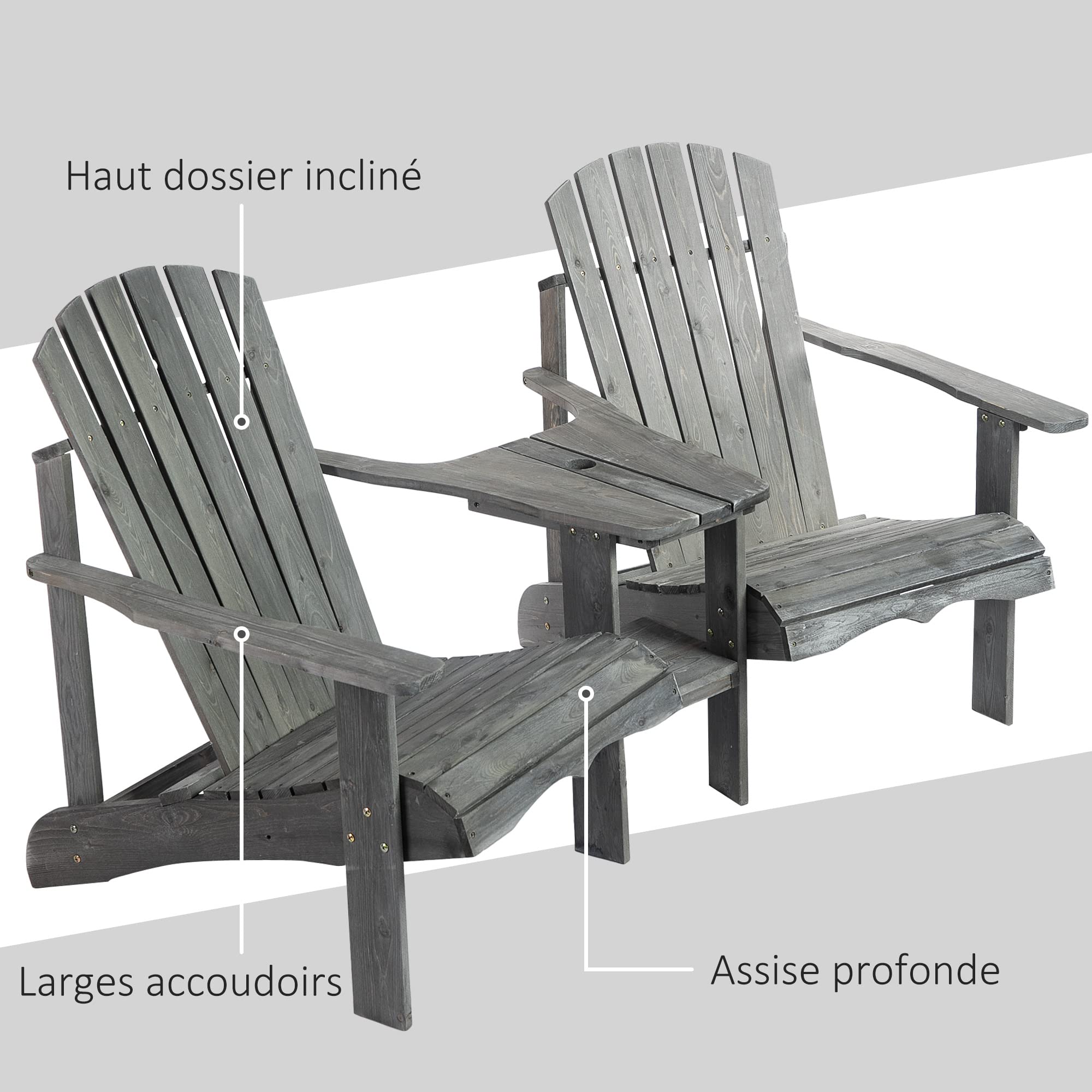 Outsunny Fauteuils de Jardin Adirondack avec Table Basse, Chaise Longue Espace Insertion Parasol, étagère Bois Sapin Gris