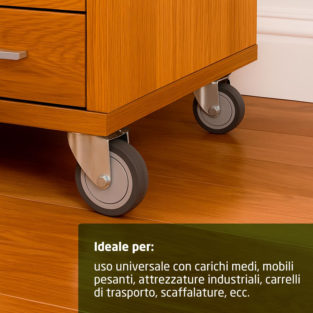 Amig - Set 4 Ruote per Mobili | Ø 100 mm | Ruote Girevoli con Piastra di Montaggio | Peso Massimo 110 Kg | Per Spostare Mobili Pesanti | Cuscinetti a Rulli | Nucleo in Plastica | Gomma Grigia