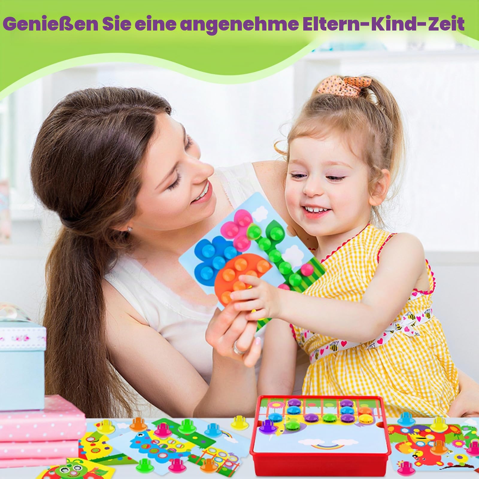 Mosaik Steckspiel ab 4 5 6 Jahre, Montessori Lernspielzeug mit 12 Bildvorlagen & 46 Steckperlen, Farben Lernen & Motorik fördern, Pädagogisches Steckspiel für Kinder, Geschenk Junge Mädchen