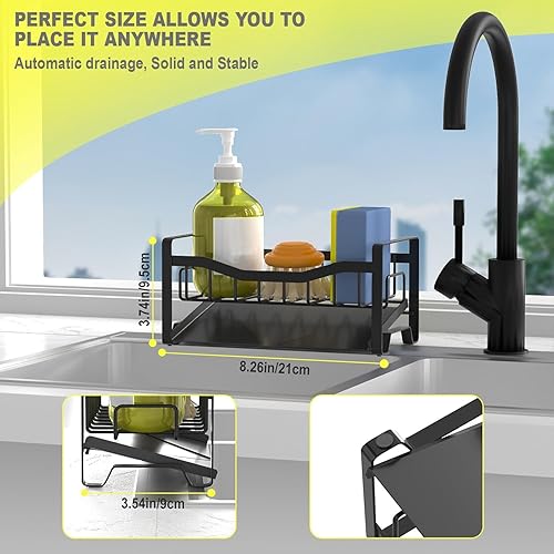 Miniatura 5 de Organizador para fregadero de cocina, soporte de esponja para fregadero de cocina con bandeja de drenaje automático de acero inoxidable, organizador