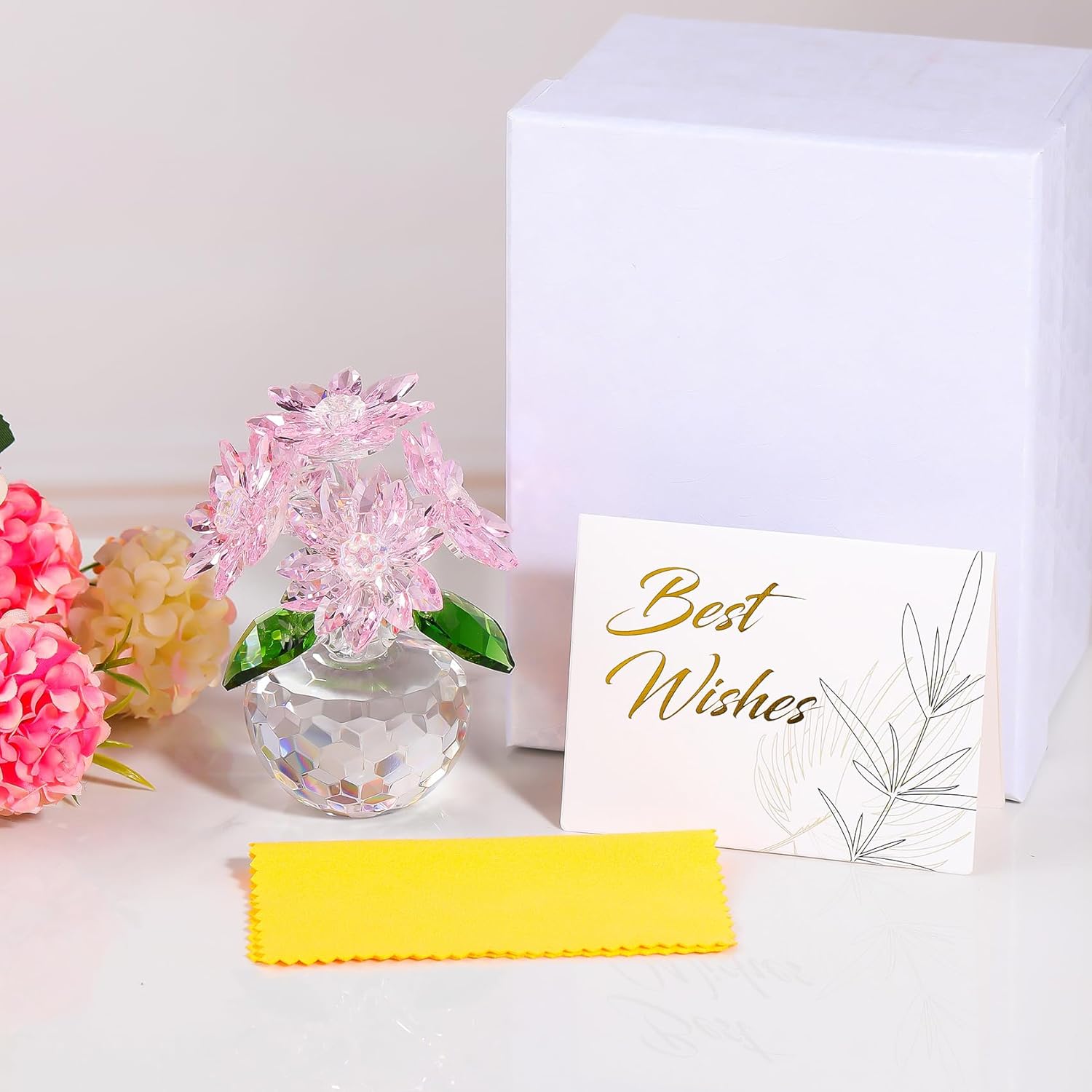 Crystal Pink Daisy Flower Figurine Statue Paperweight Glass Pink Daisy Bouquet Floral Collectible Decor Gifts for Friends Women (with 5 Flowers)