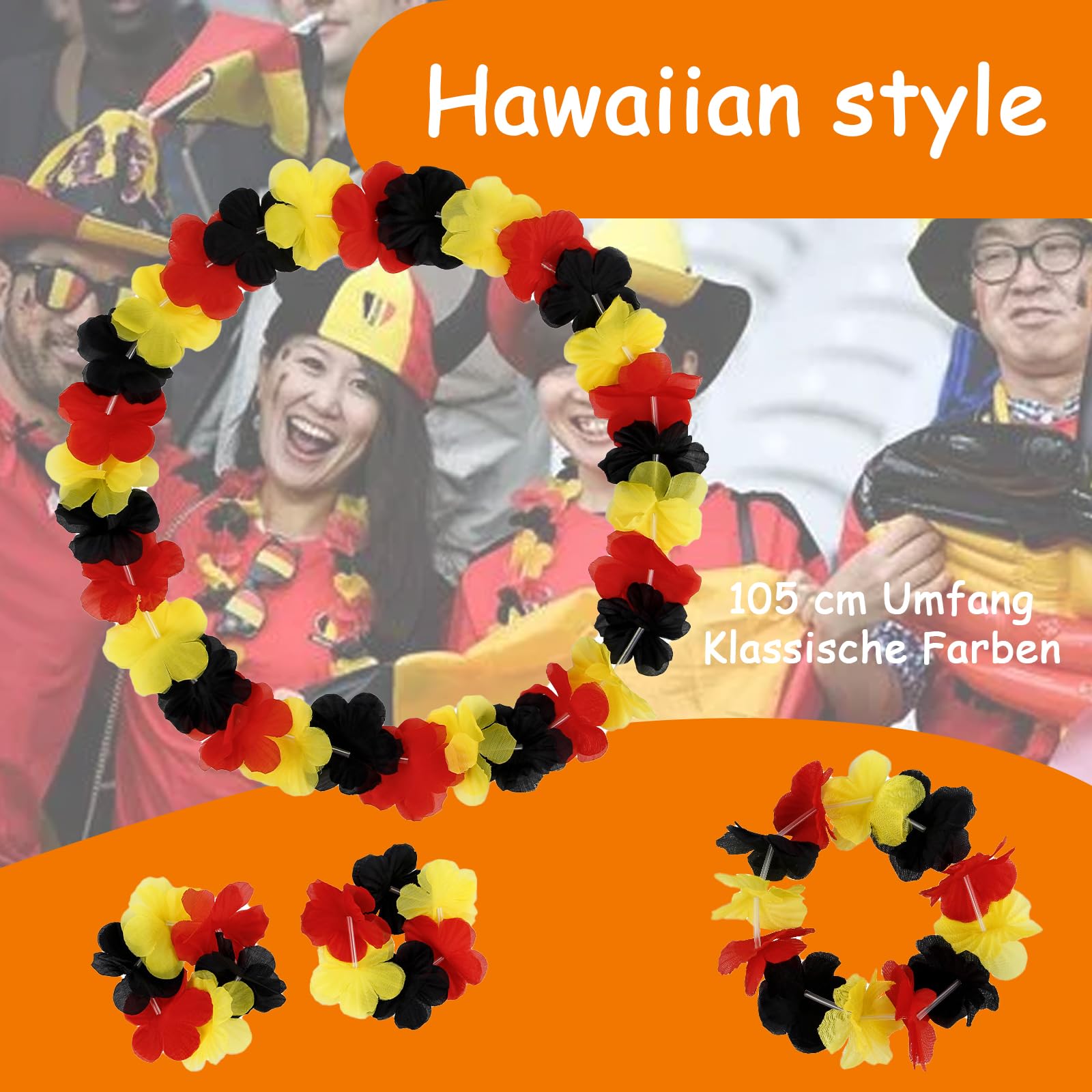 SSKHE Ensemble de Lei de Fleurs Allemagne 2 pièces,Ensemble de Colliers Hawaïens 4 pièces,2 Bandeaux,2 Colliers de Fleurs,4 Bracelets,Lei Hawaïenne en Noir Rouge Or