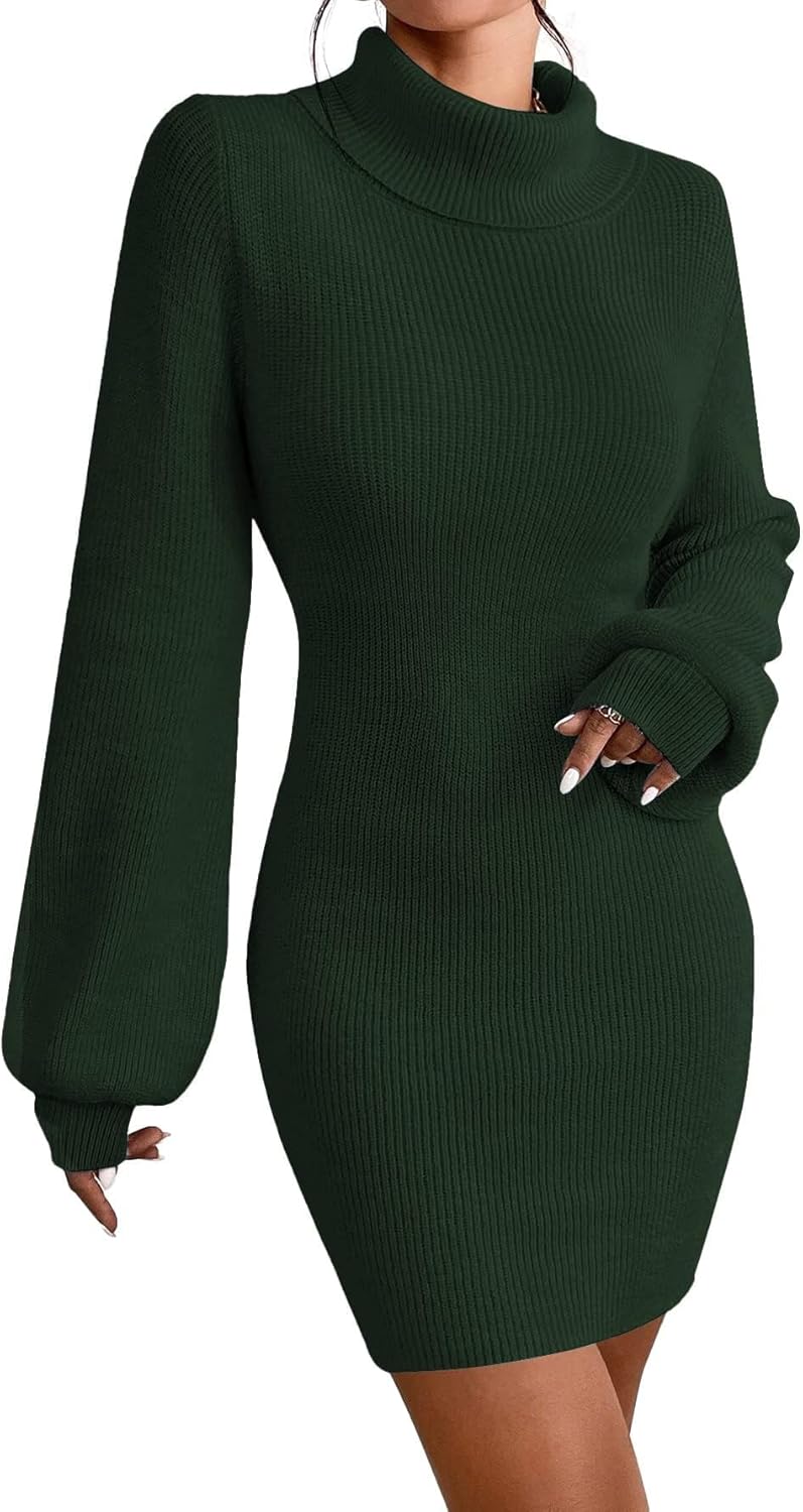 Turtleneck Sweater Dress for Women Lantern Sleeve Bodycon Pullover Mini Sweater Dress Stretchable Elasticity Slim