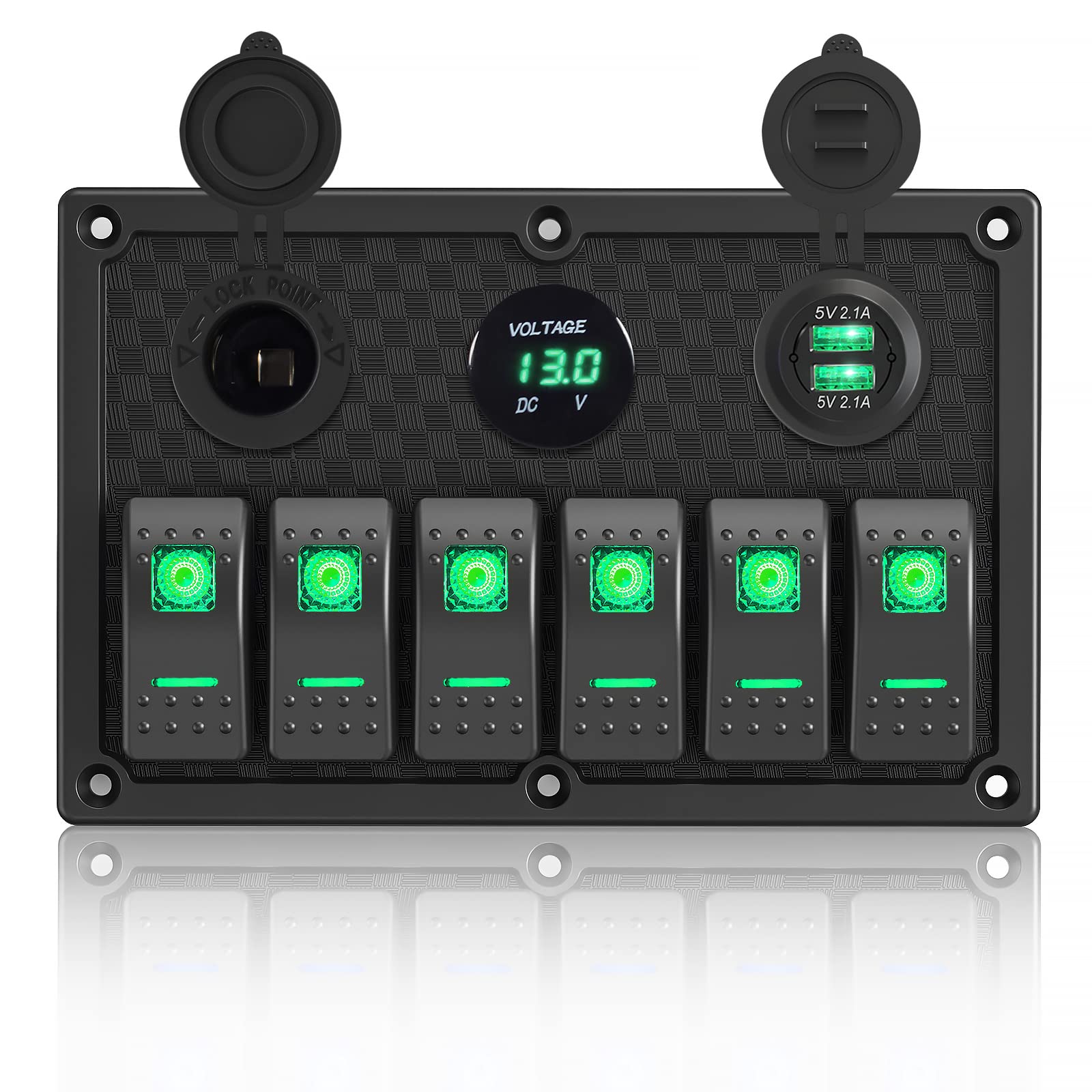 GGTA Marine Switch Panel, 6 Gang Rocker Switch Panel with LED Digital Voltmeter 3.1A Dual USB Charger, 12/24V Toggle Switch Panel for Automotive Cars