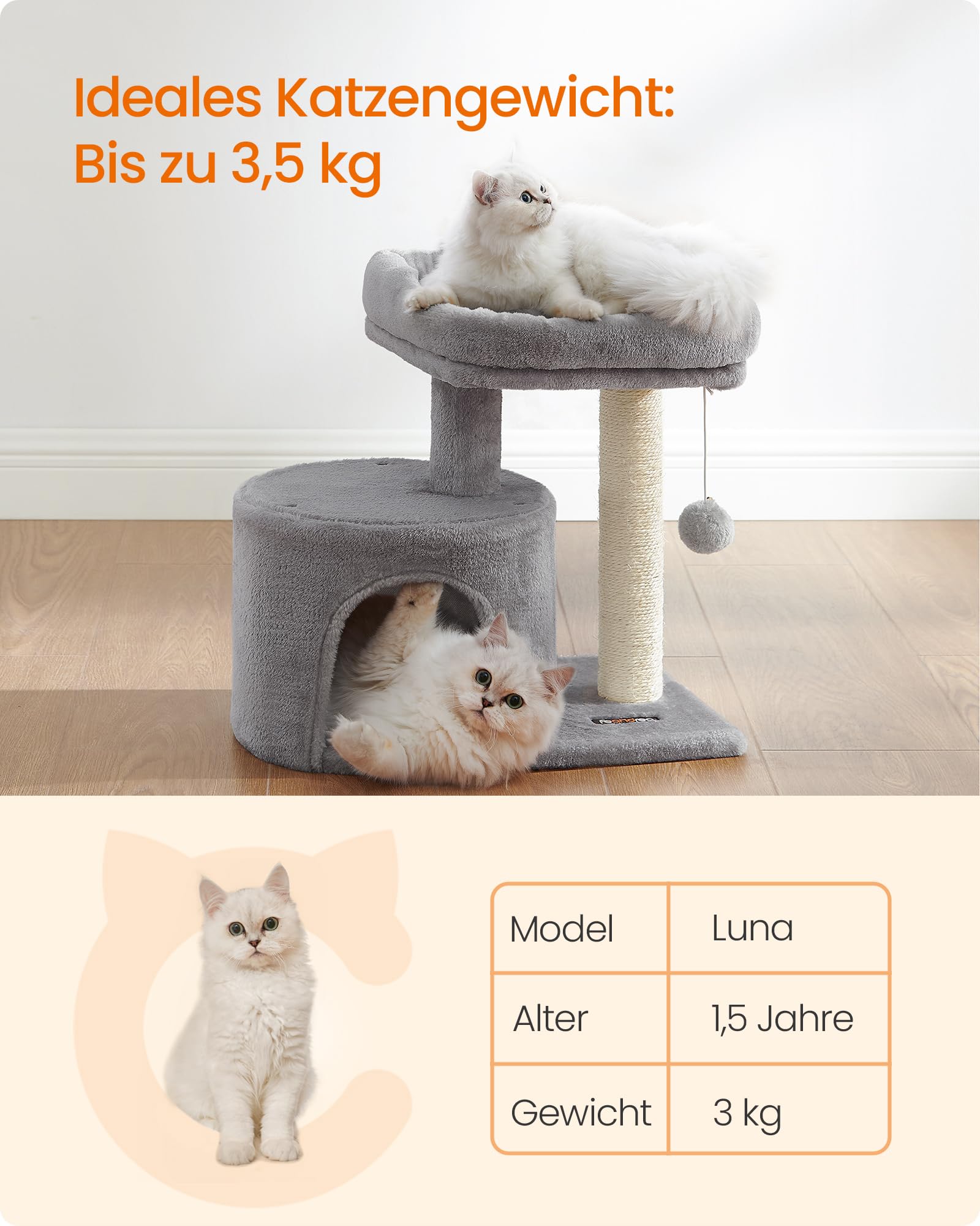 Feandrea Kratzbaum klein, Katzenbaum mit Sisalstamm, Katzenkratzbaum mit gepolsterter Plattforme, für Kätzchen, hellgrau PCT50W