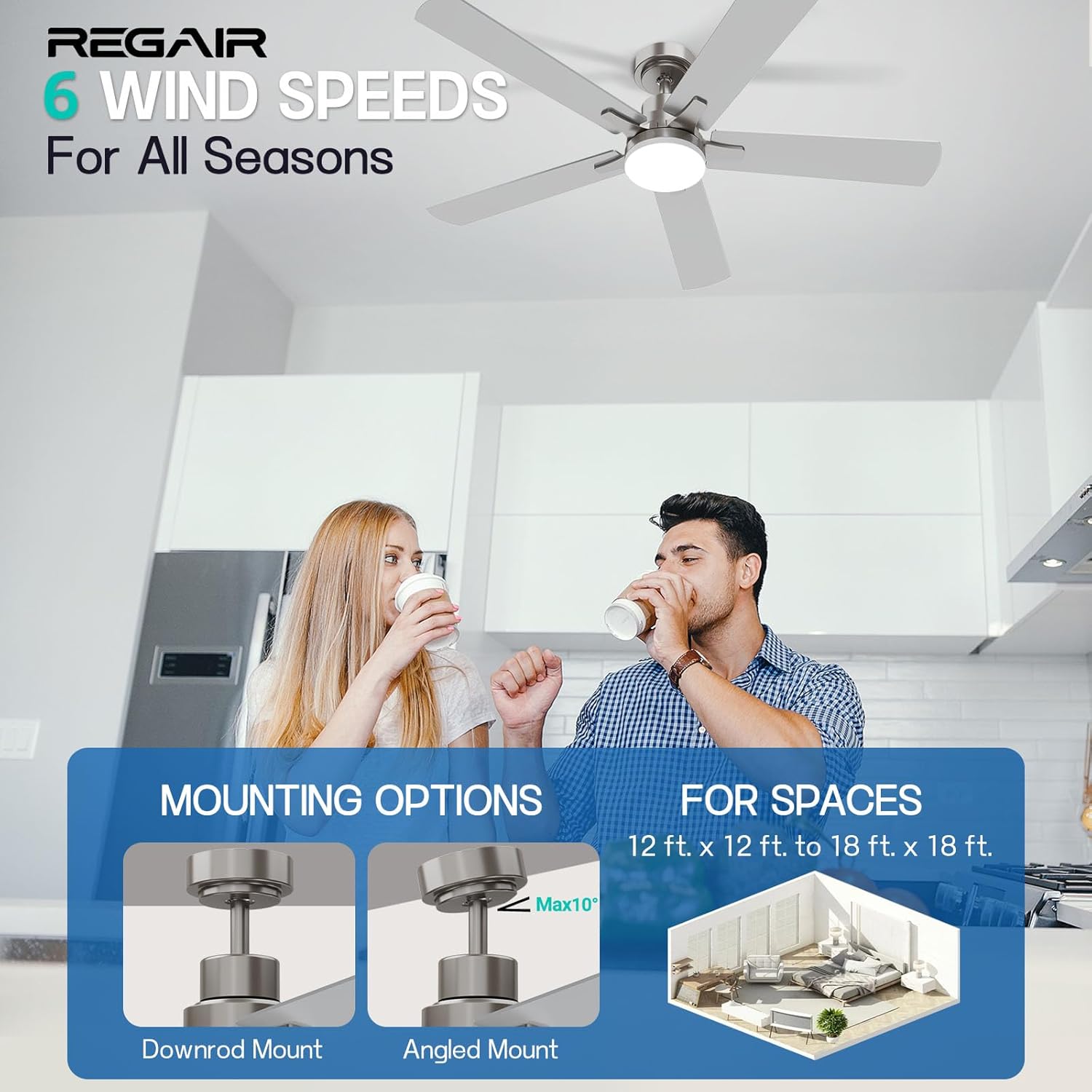 Ceiling Fan with Light 52-Inch, Remote Control Reversible DC Motors, 3CCT Dimmable Timer Noiseless, Nickel Ceiling Fan for Bedroom Living Room, Indoor&Outdoor ETL Listed
