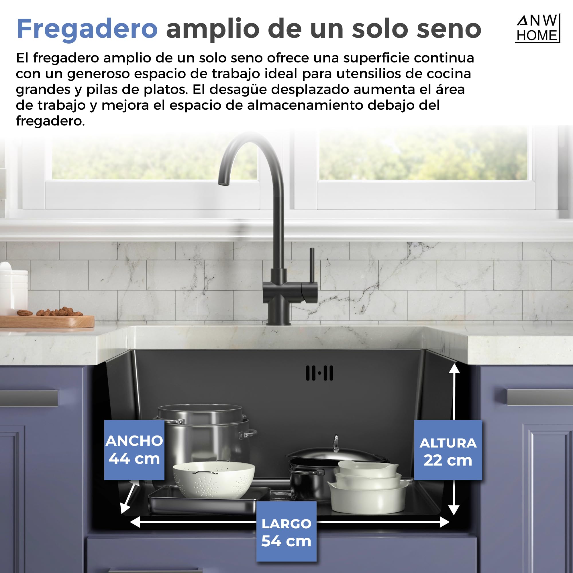 ANW HOME Fregadero Cocina 1 Seno 54x44 cm, Grafito PVD