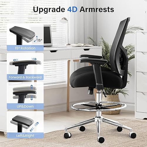 Miniatura 6 de Silla de dibujo ergonómica alta para escritorio de pie, cojín extra ancho de 21 pulgadas, brazos ajustables, ruedas de bloqueo de presión, malla