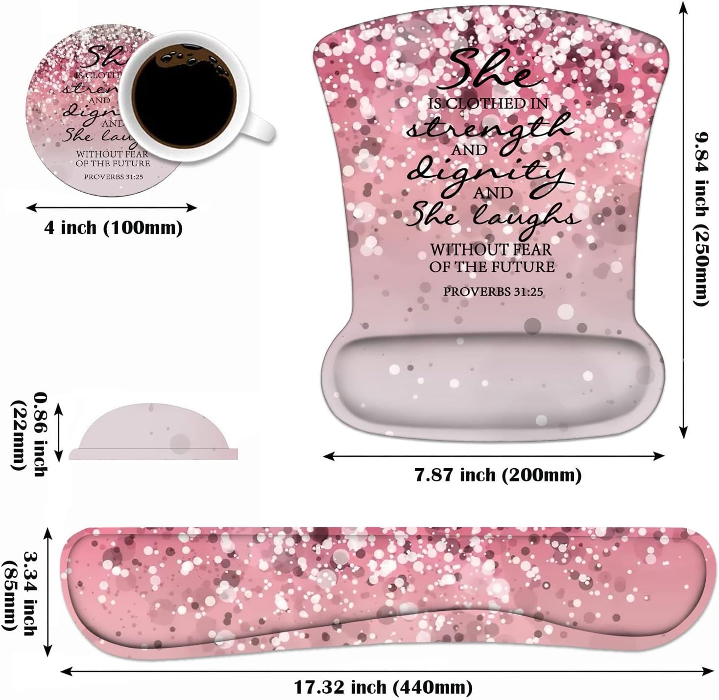 Keyboard Wrist Rest and Mouse Wrist Rest Pad Set with Coasters, Ergonomic Support, Non-Slip PU Base, Easy Typing & Relieve Wrist Pain for Home Office Working Studying, Pink Bible Verse Proverbs 31:25