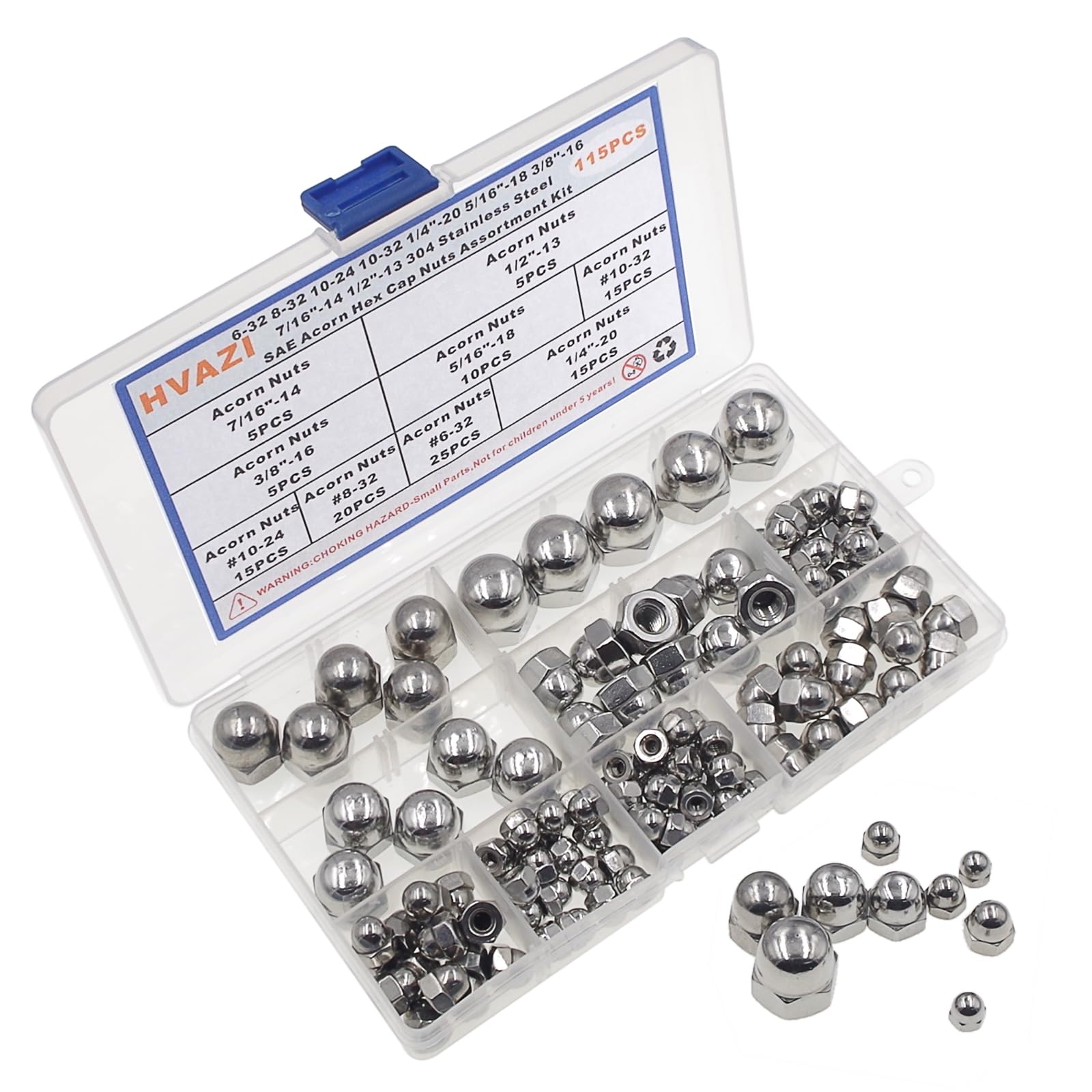 Kit surtido de tuercas hexagonales de bellota de 9 tamaños #6-32 a 1/5.1 cm-13; tuercas de tapa SAE de acero inoxidable 304 #6-32#8-32#10-24#10-32 1/10.2 cm-20 5/40.6 cm-18 3/20.3 cm-16 cm 7/40