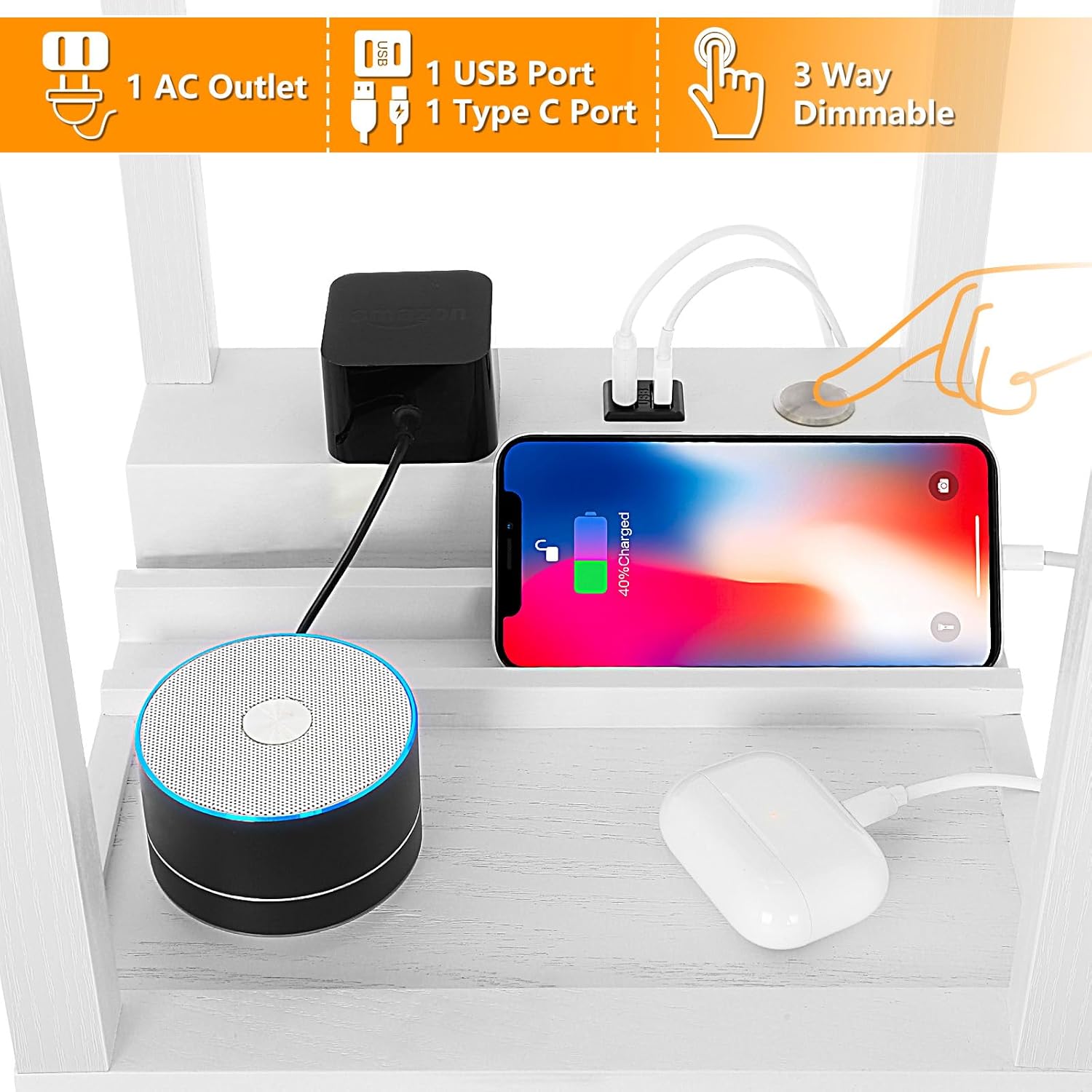 FOLKSMATE Touch Control Shelf Floor Lamp, Modern Dimmable LED Standing Lamps with Shelves, Charging USB Ports, Type C Port and Power Outlet, Wood Tall Light for Living Room, Bedroom, Bedside，White