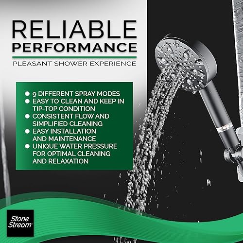 Miniatura 5 de Cabezal de ducha negro original StoneStream 9 con modo de pulverización, 9 flujos de agua dinámicos para una experiencia estimulante similar a un
