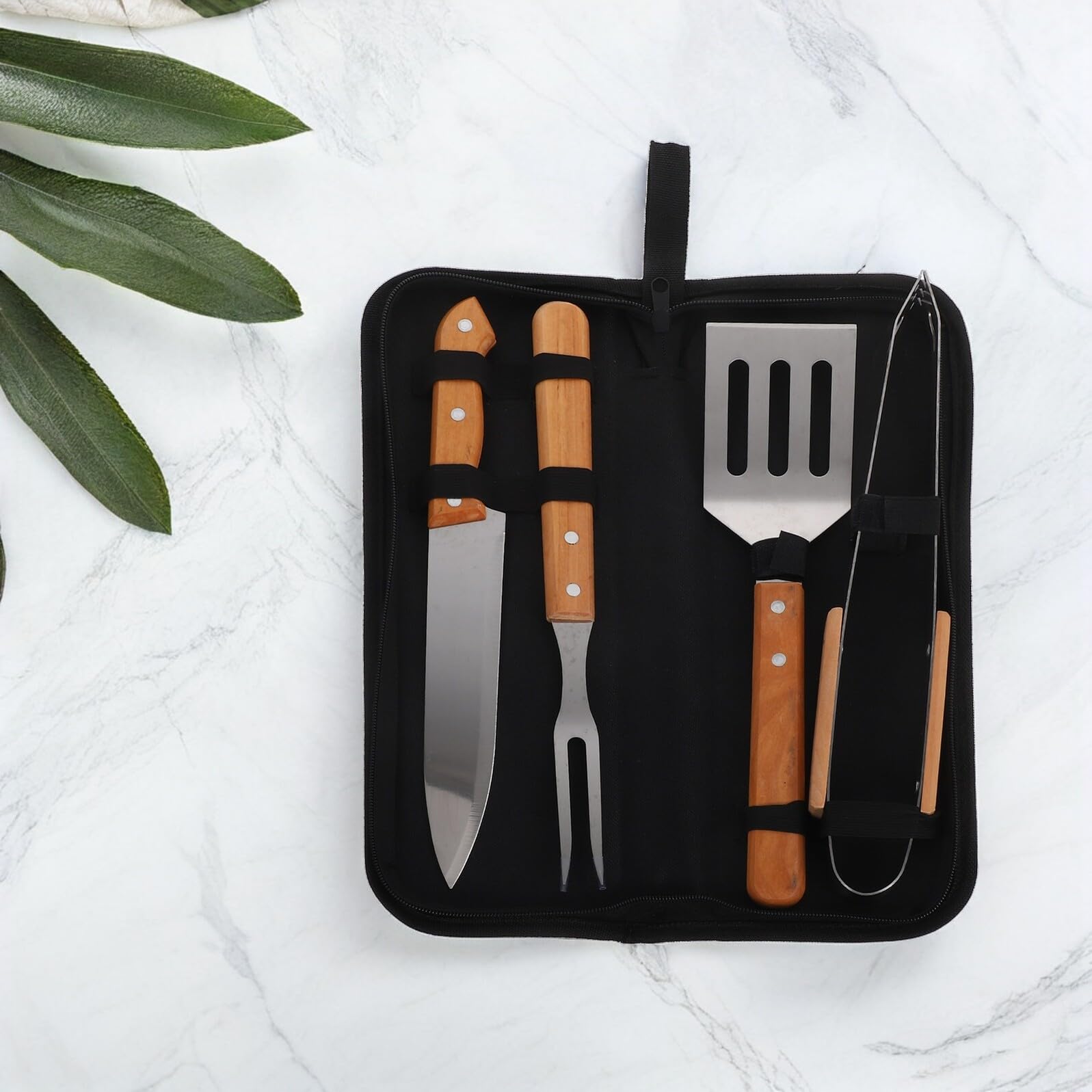 ULTECHNOVO Narzędzi Do Grilla Ze Stali Nierdzewnej Ergonomiczne Akcesoria Do Grillowania z Drewnianą Rączką Łatwe Czyszczeniu Przenośny Torbą Zewnątrz Idealny Kemping i Pikniki