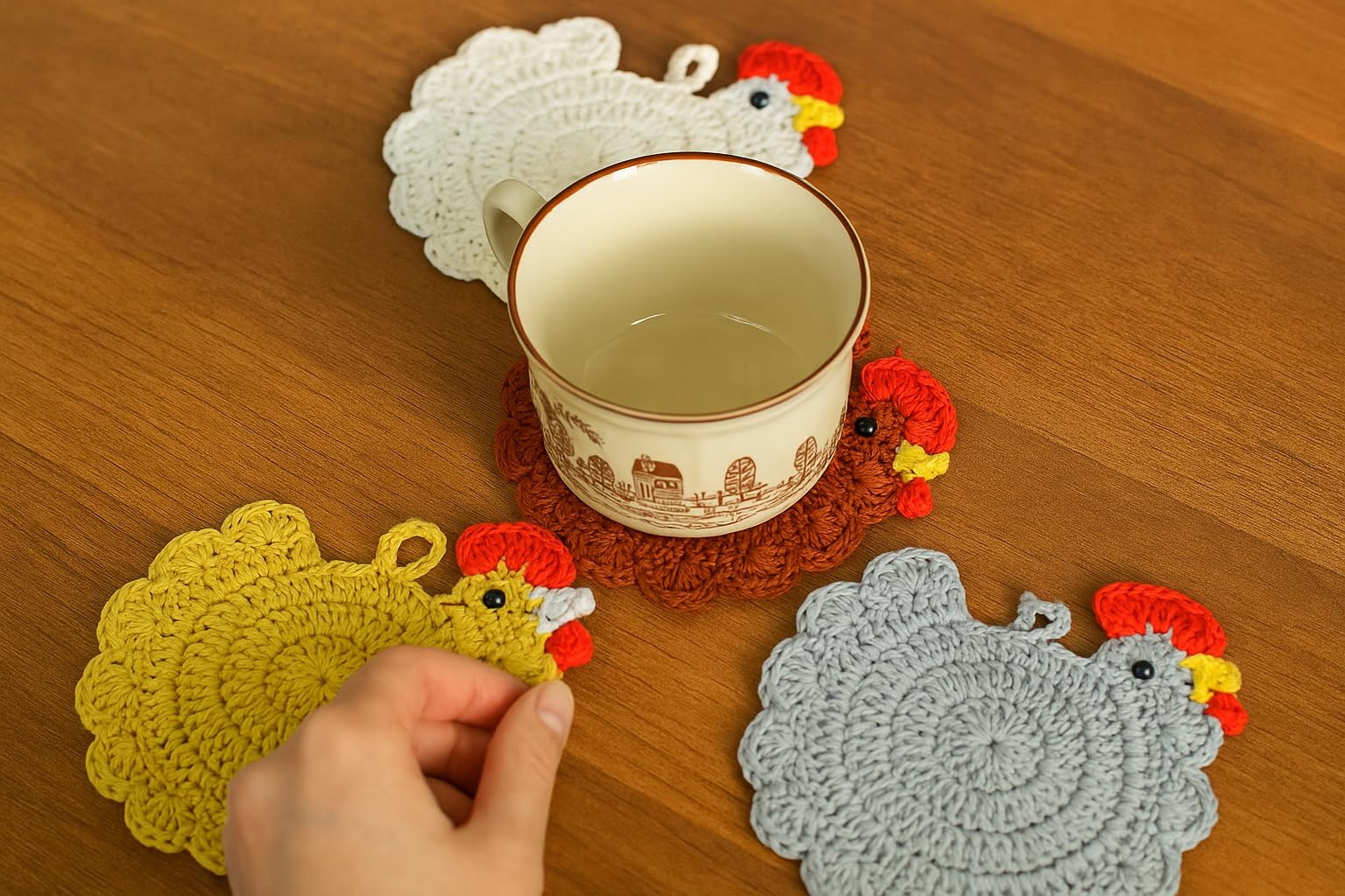 Handmade Crochet Chicken Coasters Set of 4, Mom, Stuffed Animal-Themed Drink Coasters, Cute Desk Accessories, Home Decor, Tabletop Protection, Crazy Chicken Lady Must Have