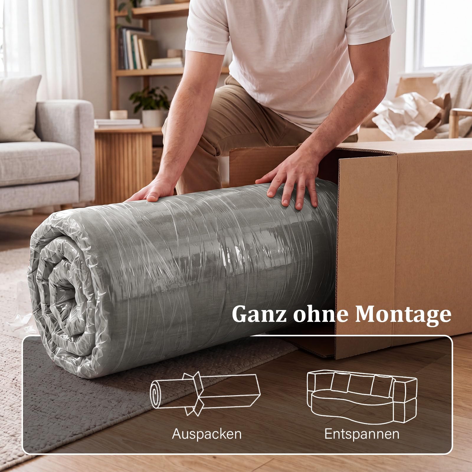 Faltbares 3-Sitzer Gästebett & Schlafsofa, 200 cm breites XXL Bett in Grau – Bequeme Klappcouch für Wohnzimmer, Schlafzimmer als Lounge oder Gästebett