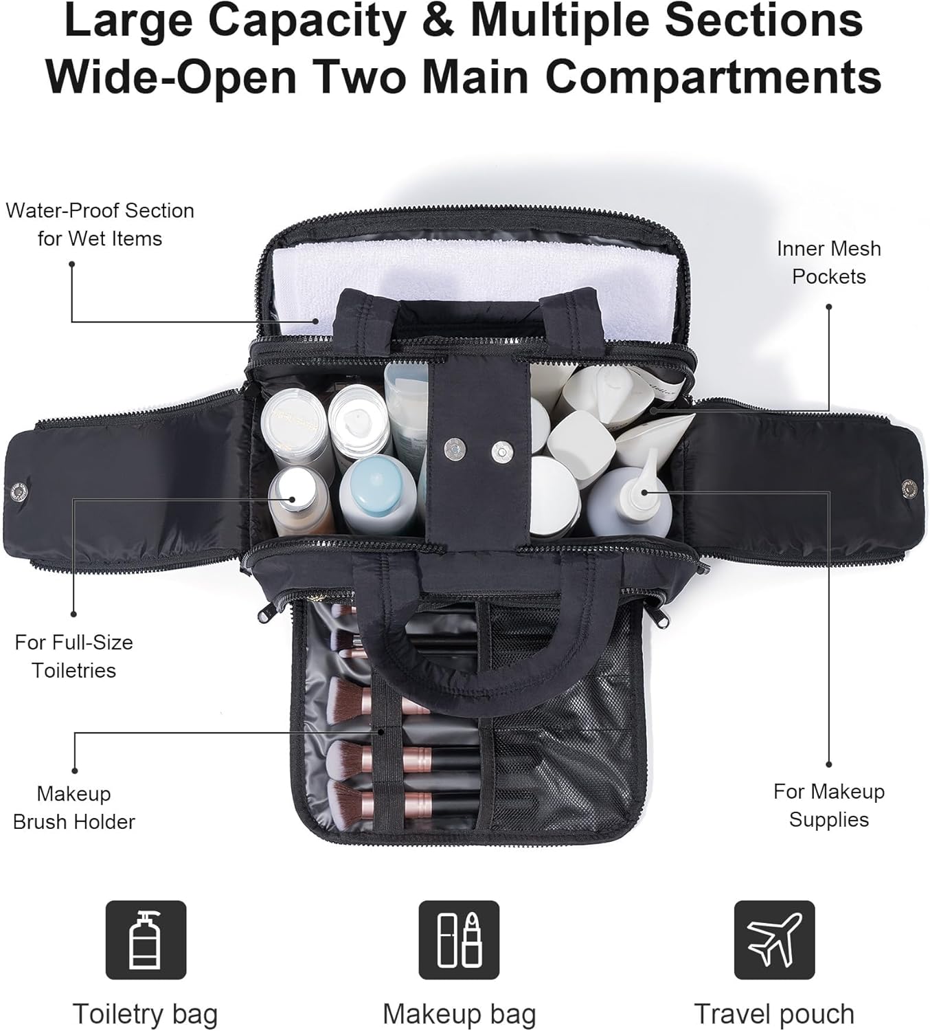 Travel Toiletry Bag, Large Wide-open Puffy Toiletry Bag for Women, Lightweight Quilted Makeup Bag Cosmetic Organizer with Handle Water-resistant Travel Essentials for Toiletries Accessories Black