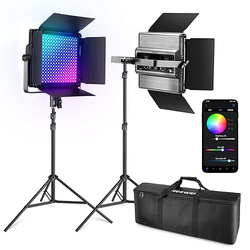 NEEWER 2 Pack RGB1200 LED Video Light with APP/2.4G Control, Key Lighting Kit with Tripod Stands & Bag for Streaming Recording Studio Photography, 60W/22000Lux/1% Min Dimming/360° RGB/CRI97+/TLCI98+ - RGB1200
