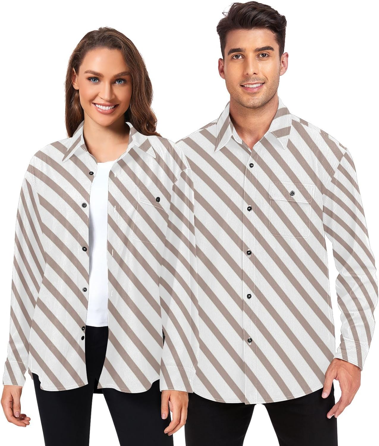 Brown Stripes Woolen Cord Fabric Mens Rugby Shirts Long Sleeve for Women Regular with Pockets