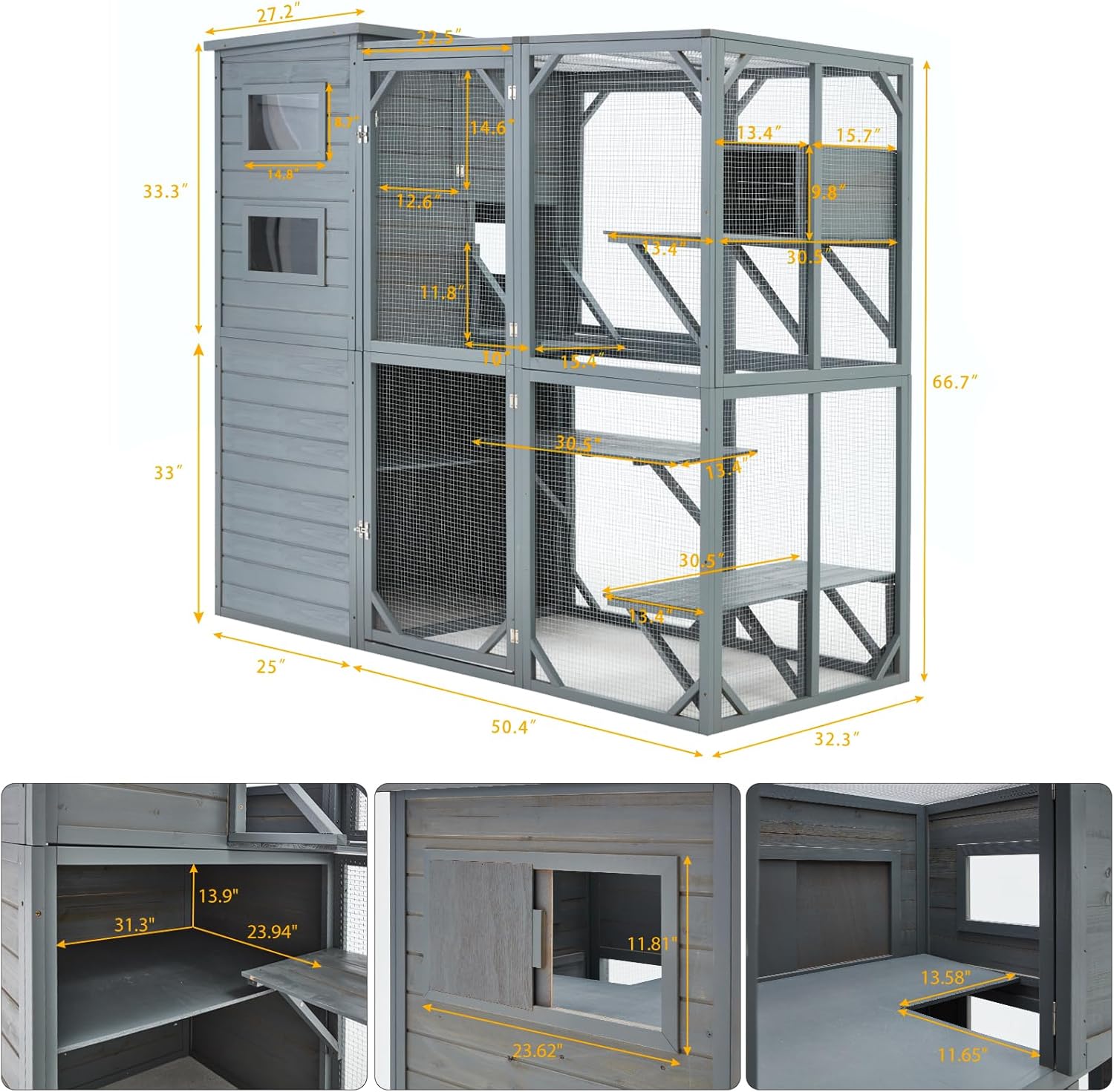 Large 77" Cat Catio,4 Tiers Cat Enclosures House Multiple Indoor Outdoor Cats with Weatherproof Roof,Backyard Outside Cat Cage with 4 Resting Rooms, 4 Platforms, 5 Windows -77" L*32" W*70" H