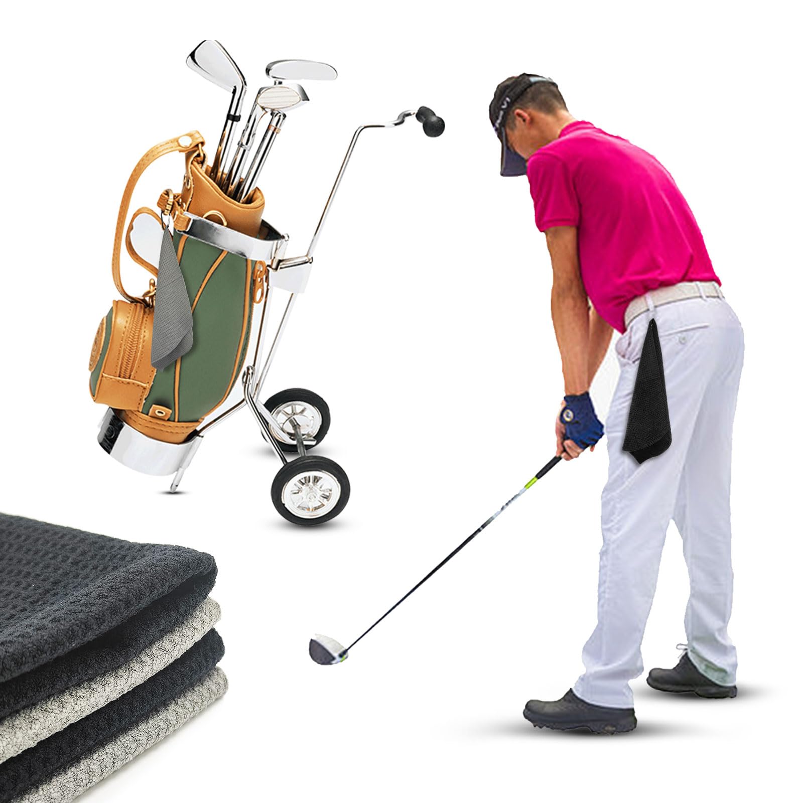 TSHAOUN 4 Pezzi Asciugamano da Golf in Microfibra, Asciugamano per Pulizia del Golf con Clip, Asciugamano Sportivo Pieghevole per Campo da Golf, Palestra, Campeggio, 30 * 30cm (Nero,Grigio)