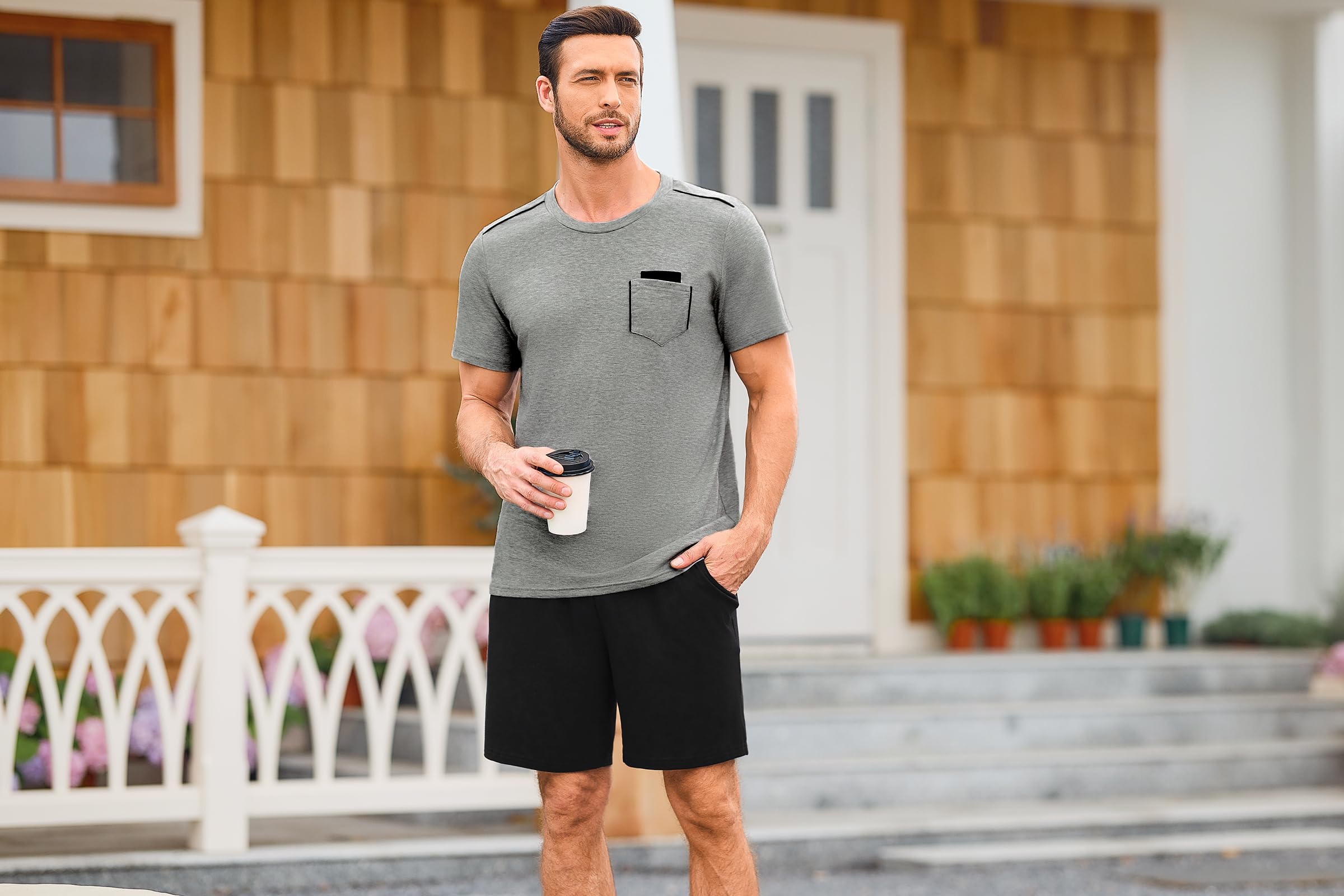 Uniexcosm Pijama Corto de Hombre Verano Conjunto de Pijama Hombre 2 Piezas Ropa de Dormir de Algodón Camisetas Manga Corta y Pantalones Cortos